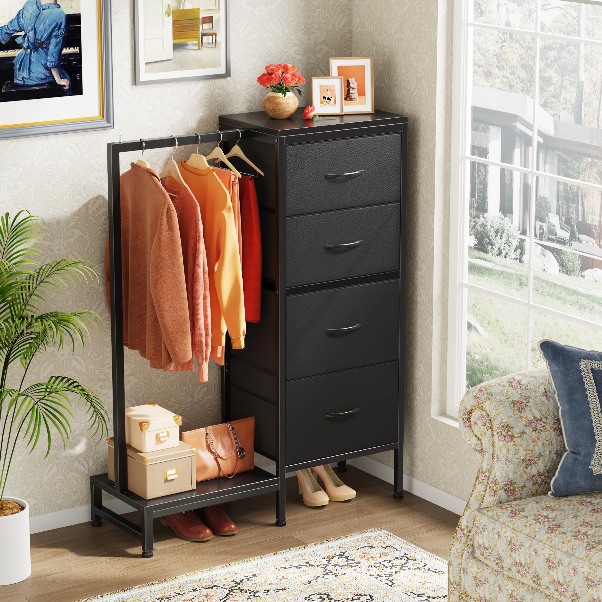 Dresser with Hanging Rack, 4 Drawers Small Closet for Bedroom