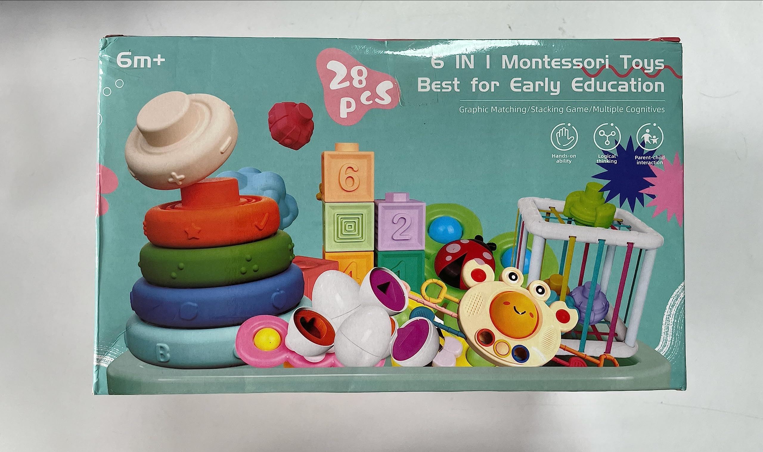 Baby Toys for 6 to 12 Months, Montessori Sensory Bins & Teething Toys, 6 in 1 Stacking Block