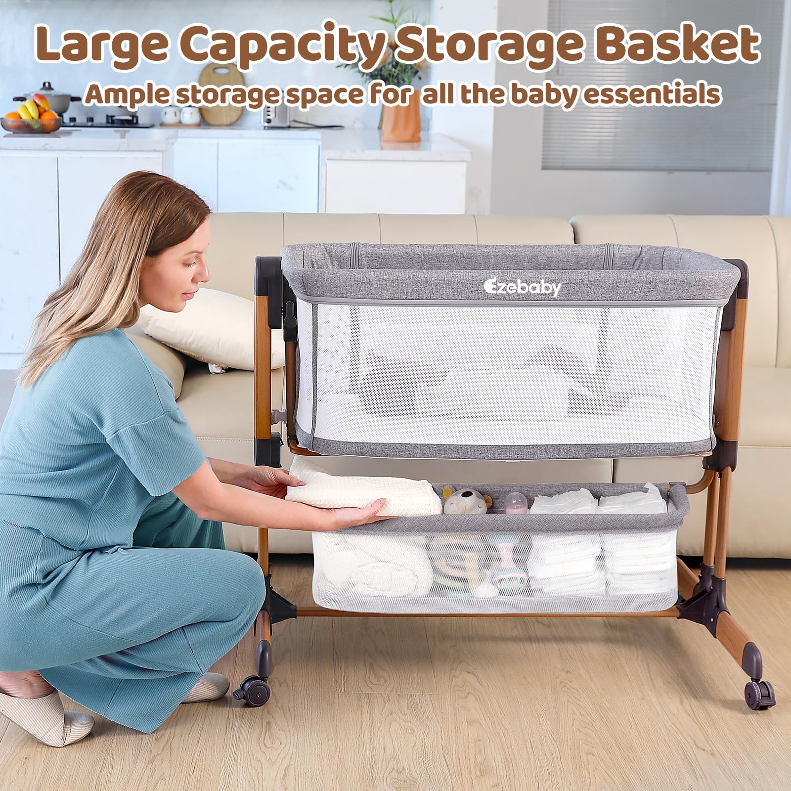 3-in-1 Rocking Bassinet with Wheels and Storage
