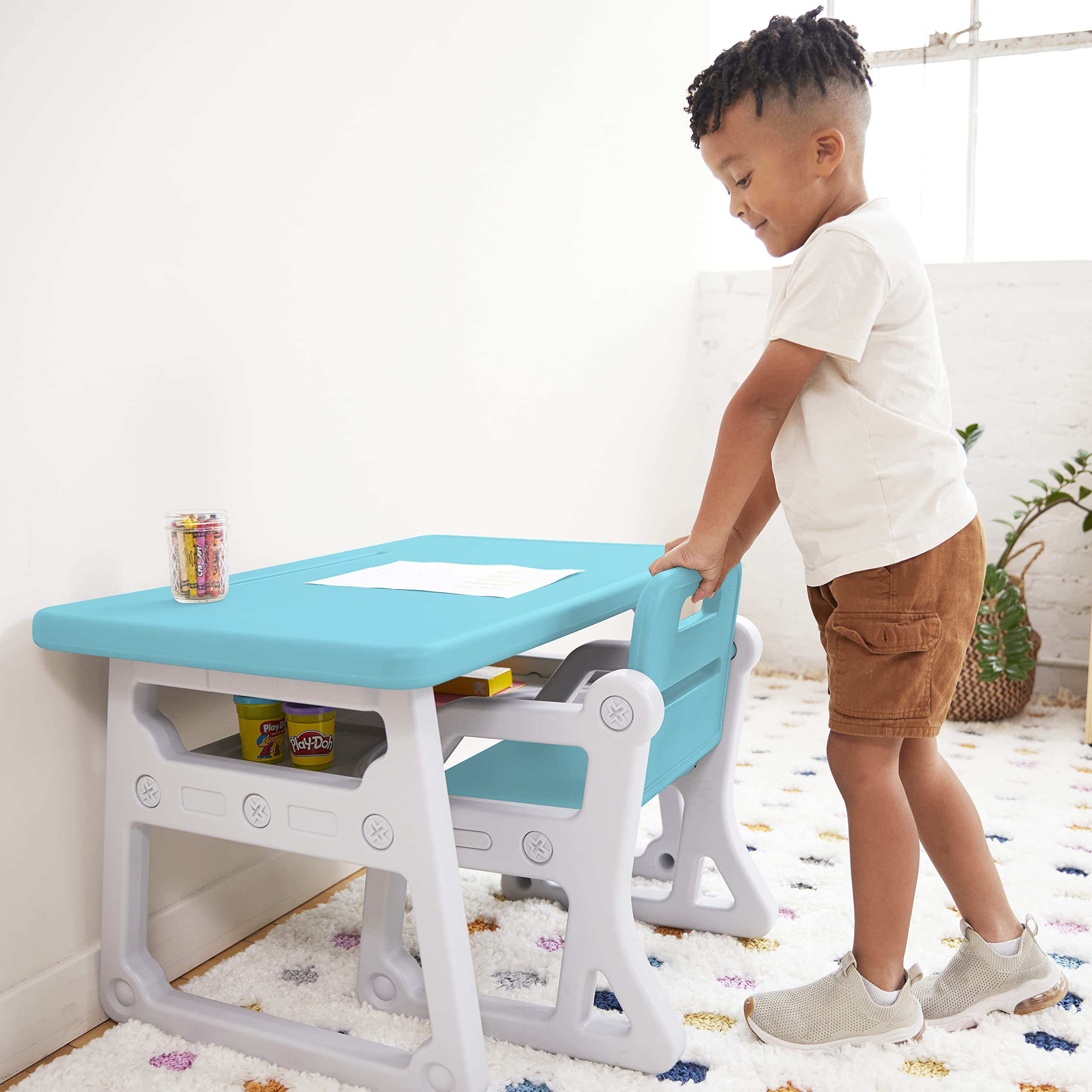Toddler Plus Desk and Chair, Kids Furniture, Cyan/Light Grey