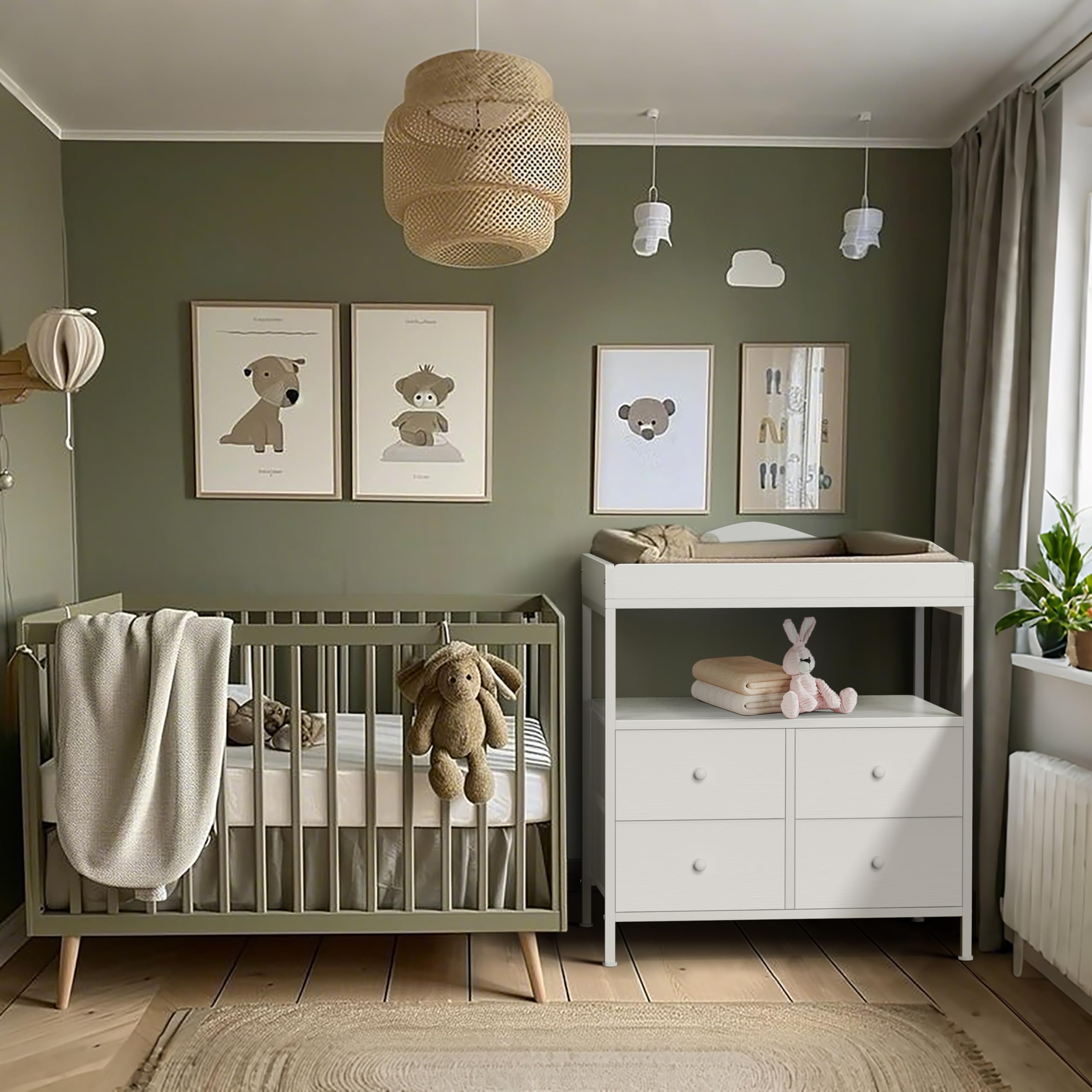 Changing Table Dresser with Fabric Drawers and Open Shelf
