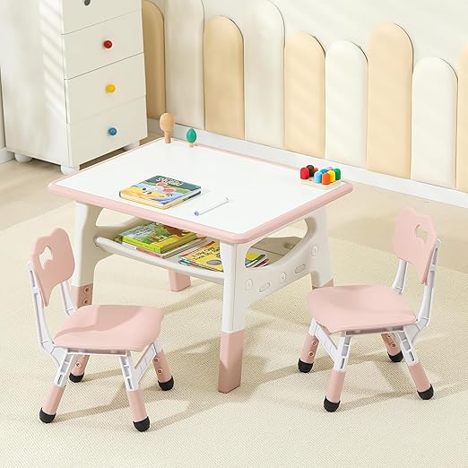 Kids Table and Chairs, Height Adjustable Toddler Table and 2