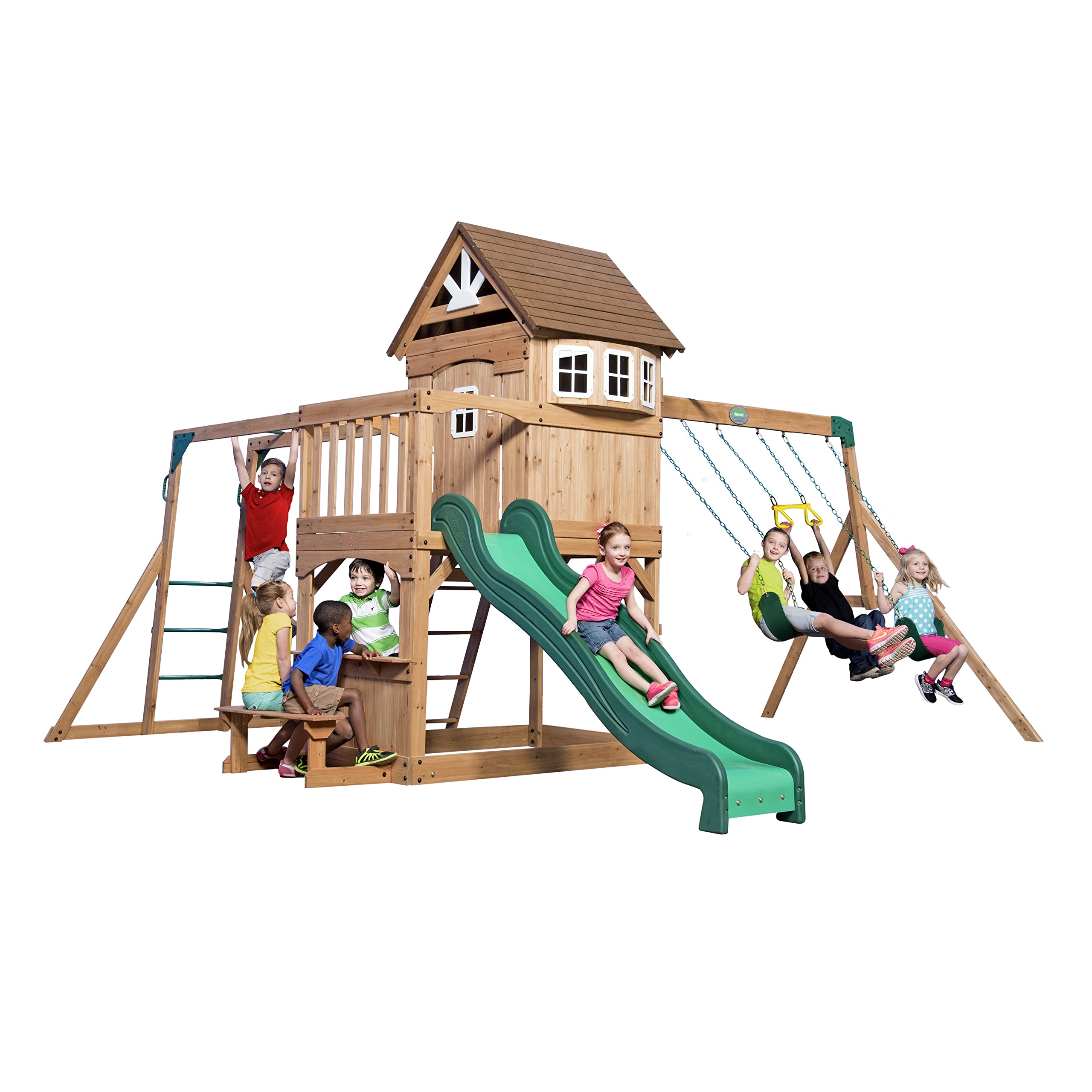 Cedar Wood Swing Set with Clubhouse and Wave Slide