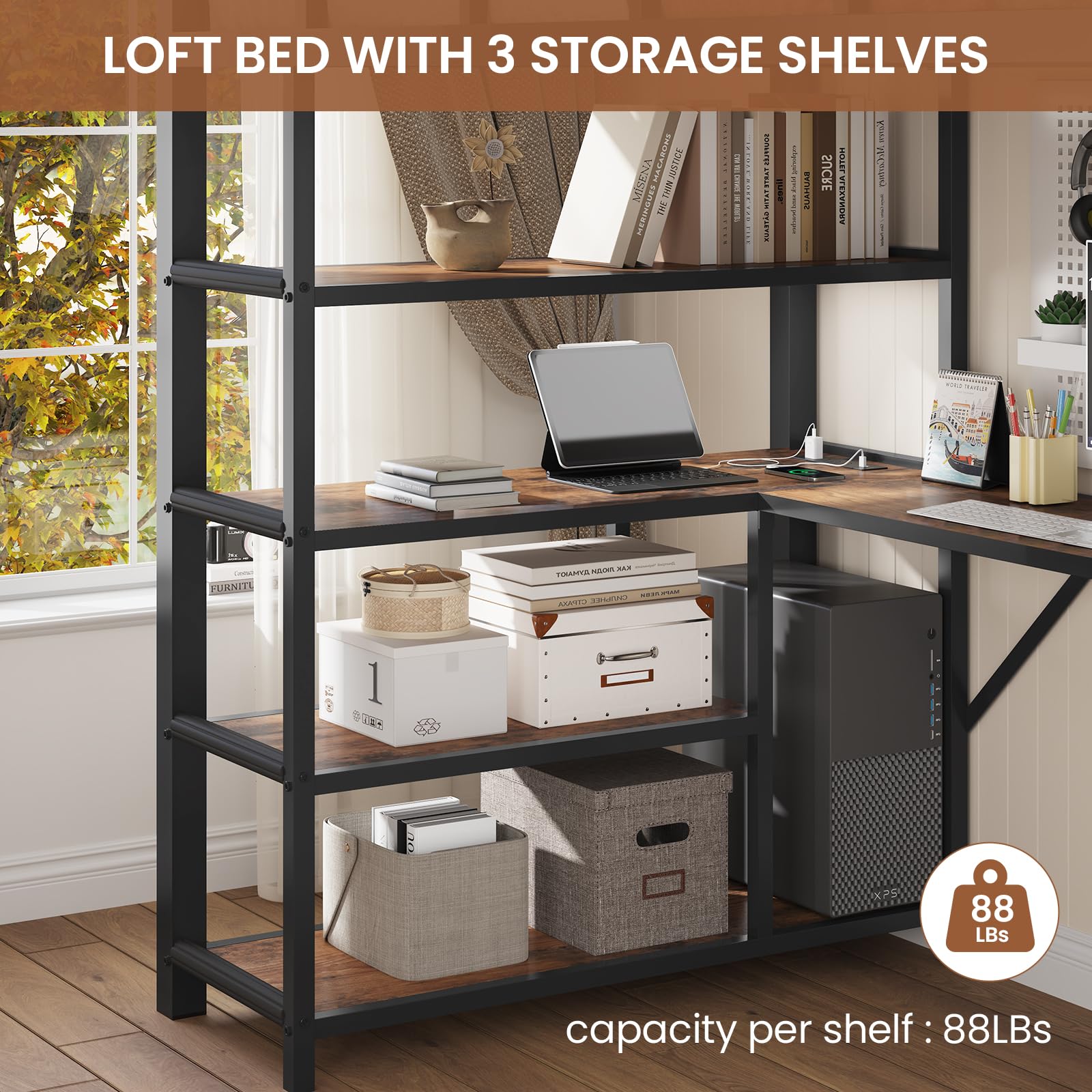 Twin Loft Bed with L-Shaped Desk and Storage