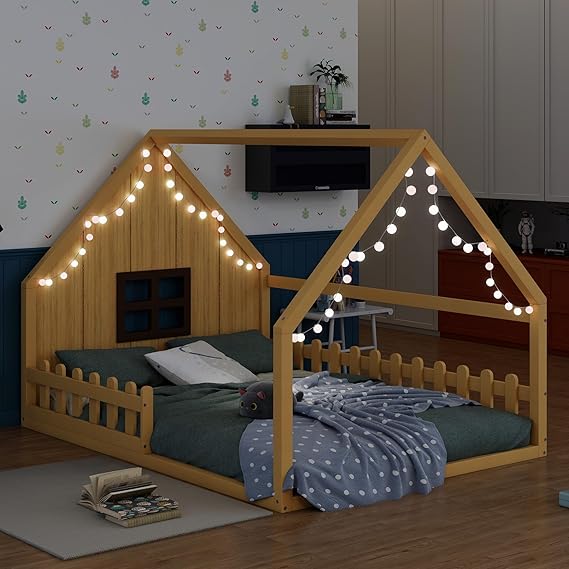 Full Size House Bed for Kids, Wood Montessori Floor Bed