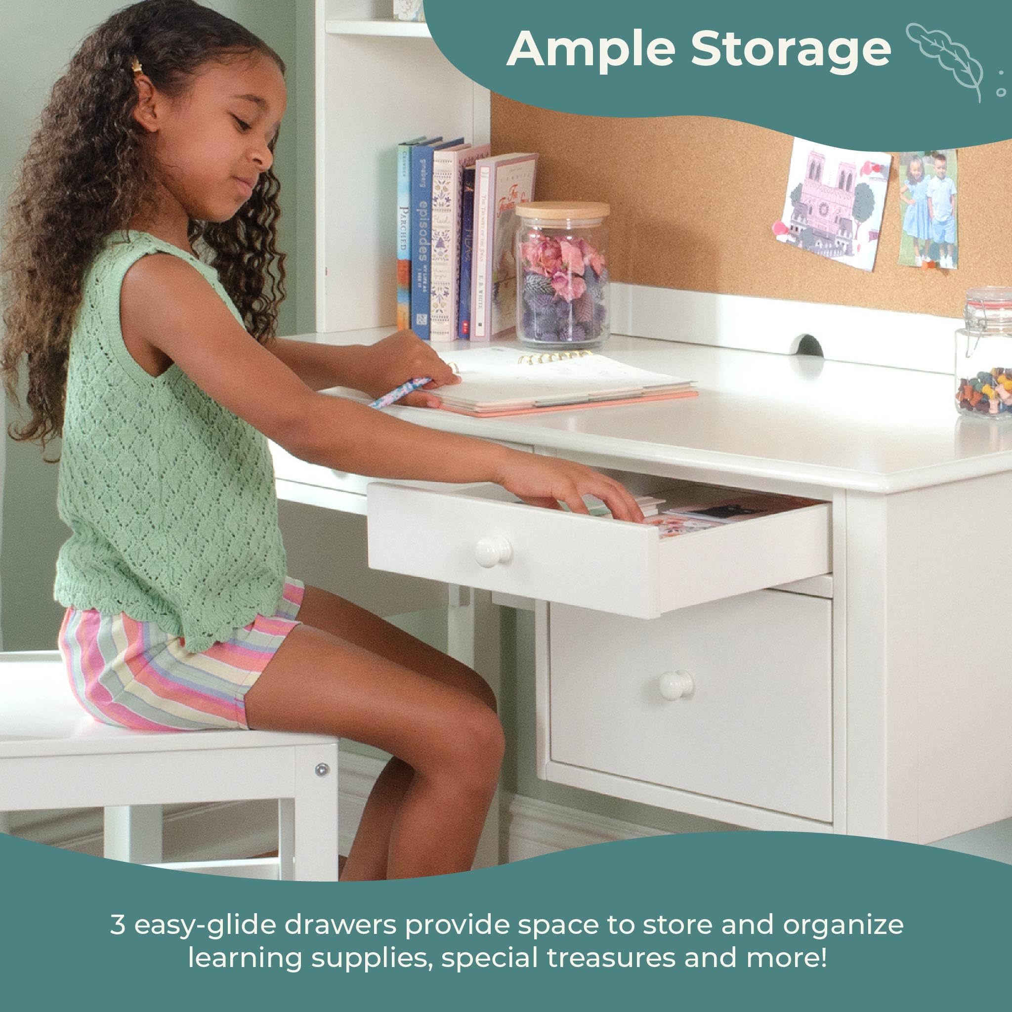 Kids Desk and Chair Set with Hutch White Wood Storage