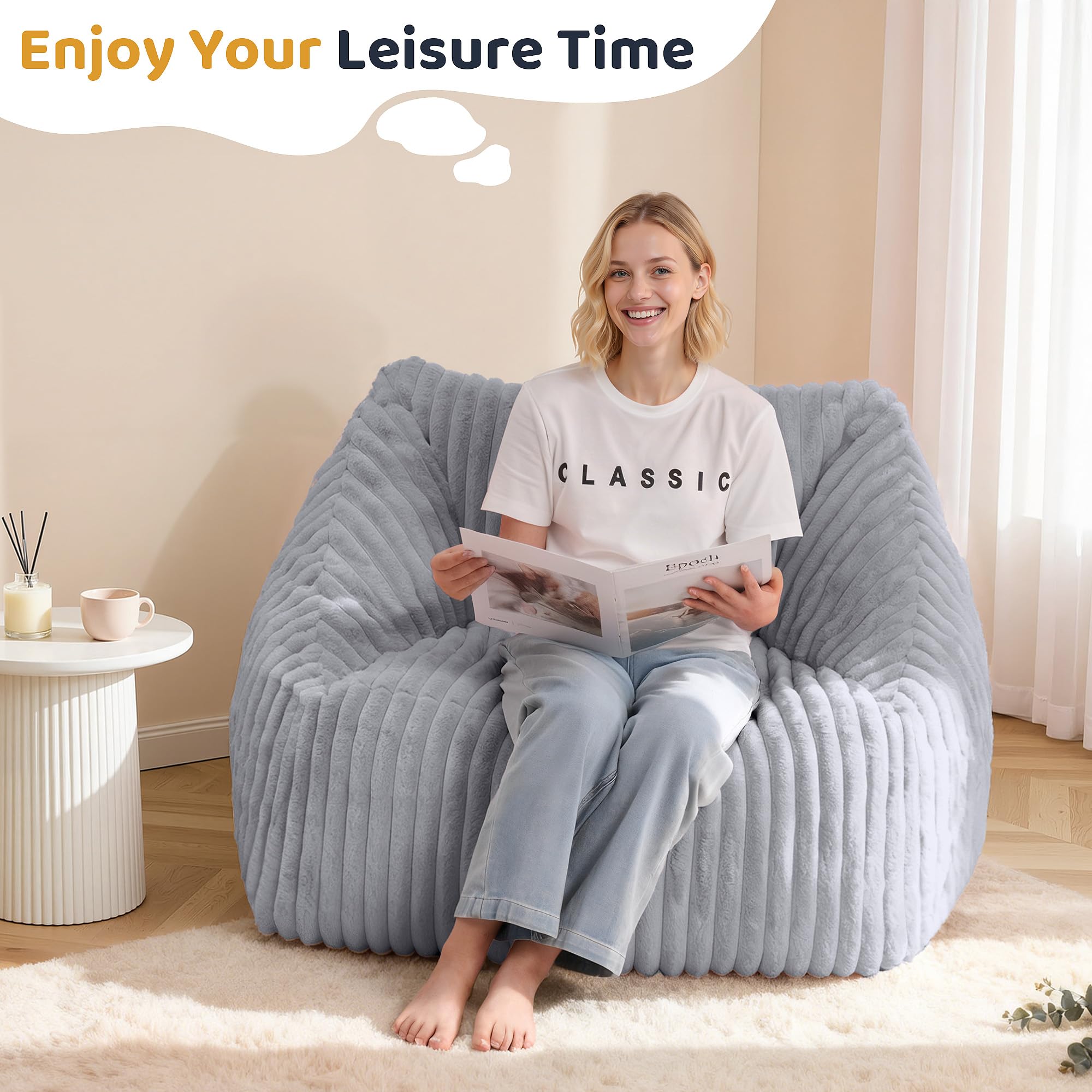 Giant Bean Bag Chair with Armrests - Faux Fur Floor Sofa for Adults and Kids