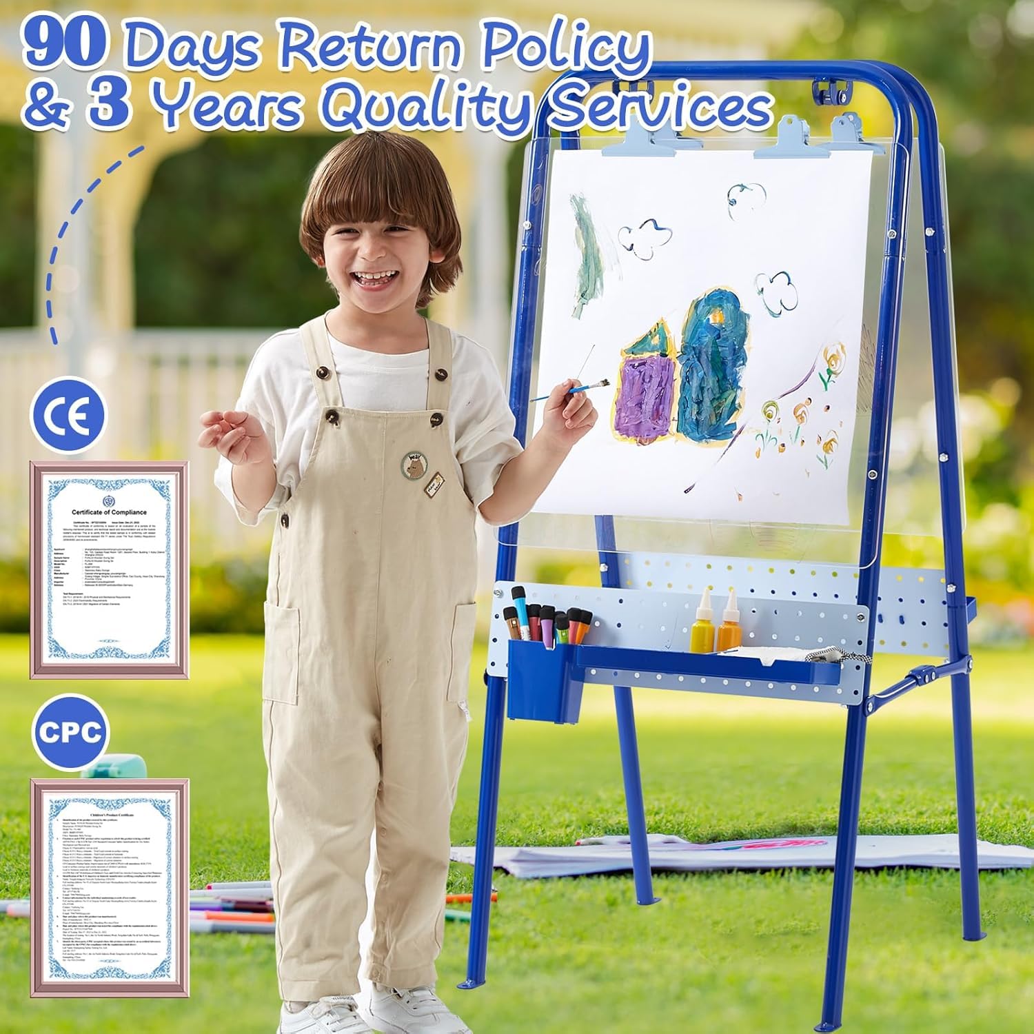 FUNLIO 2-in-1 Outdoor Easel for Kids Ages 3+, Foldable Waterproof & Sunproof Toddler Easel, Double-Sided Kids Art Easel with 2 Acrylic Boards & 20+ Accessories, Portable and Stable - Blue