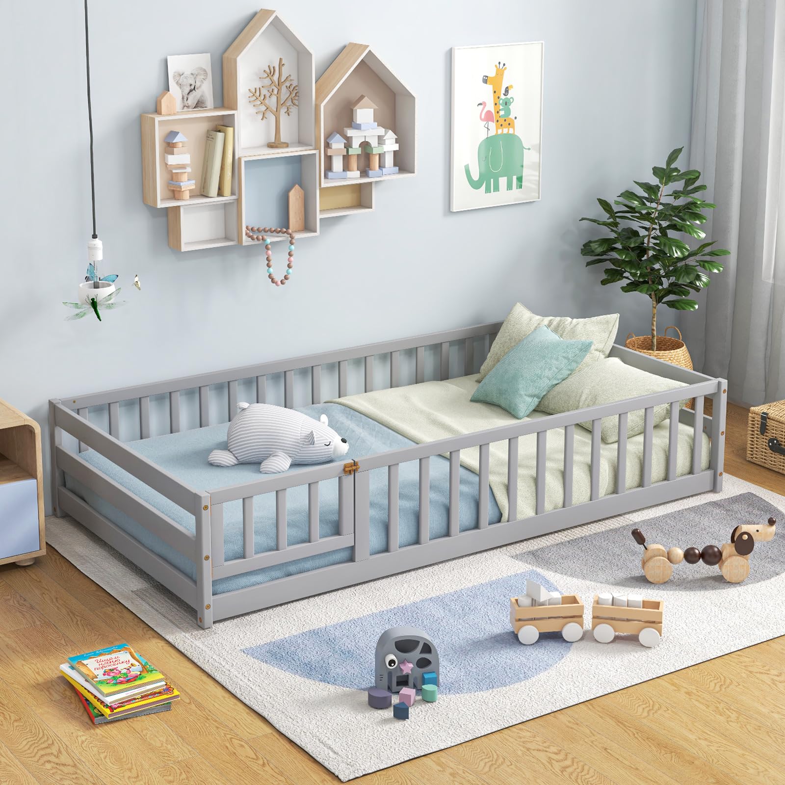 Twin Floor Bed with Door & Fence, Kids Wood Montessori Bed with Safety Guardrails