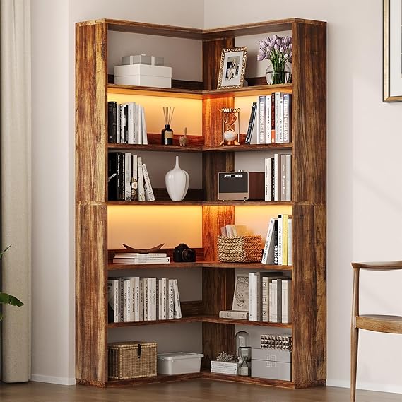 6-Tier Corner Bookshelf with LED Lights