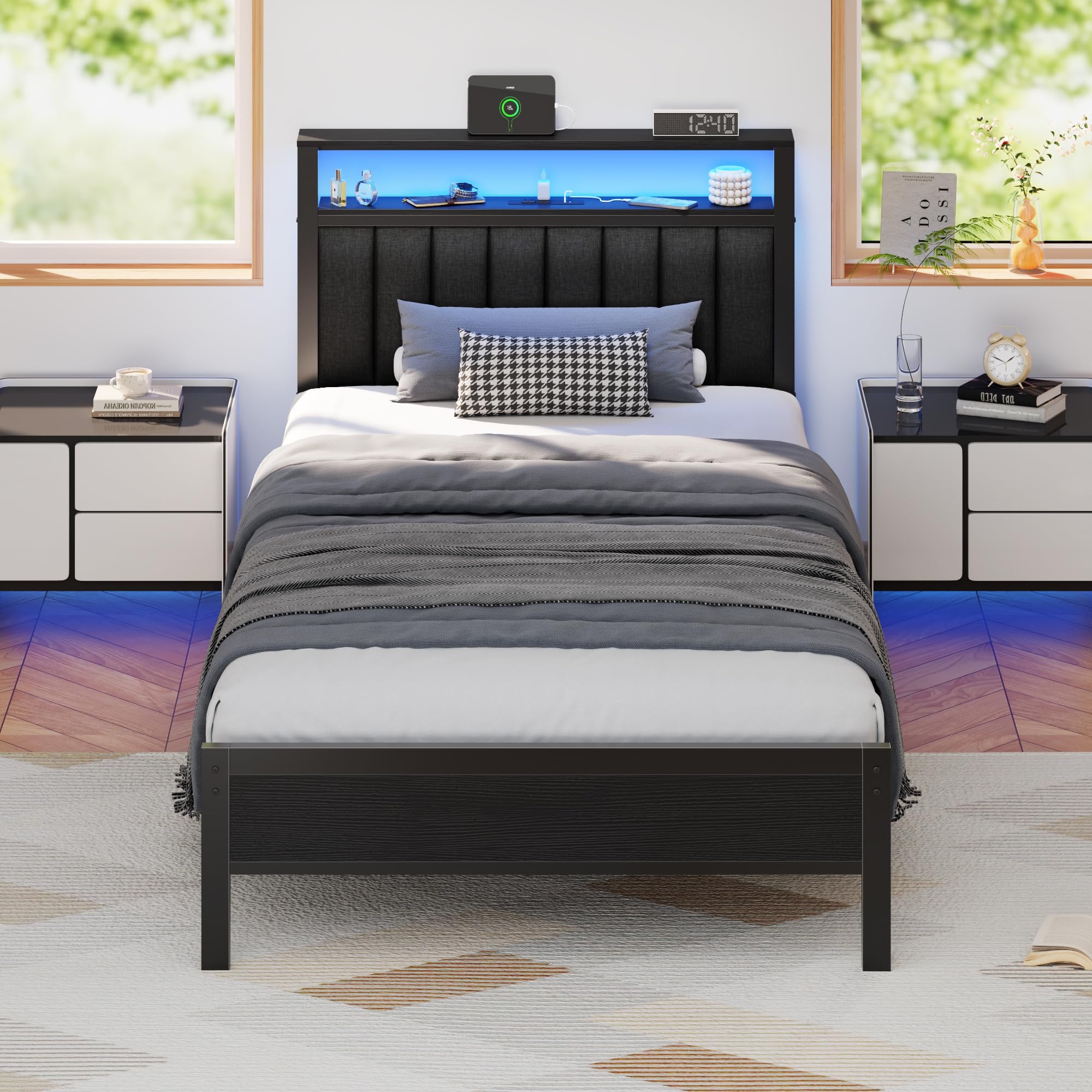Twin Bed Frame with LED Lights and Charging Station