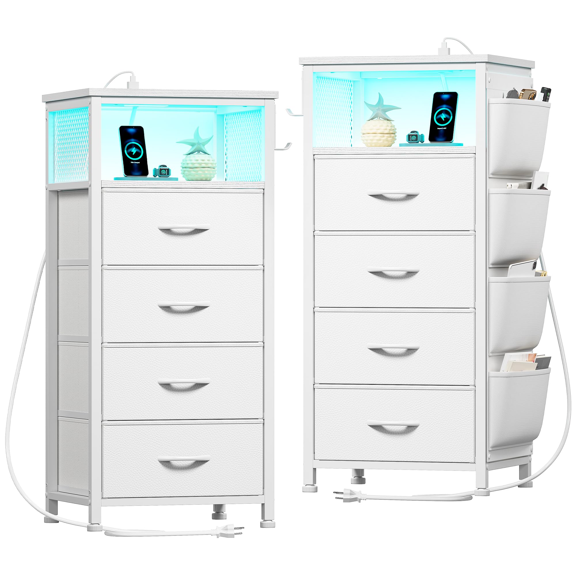 White Nightstand Set of 2,LED Night Stand with Charging Station
