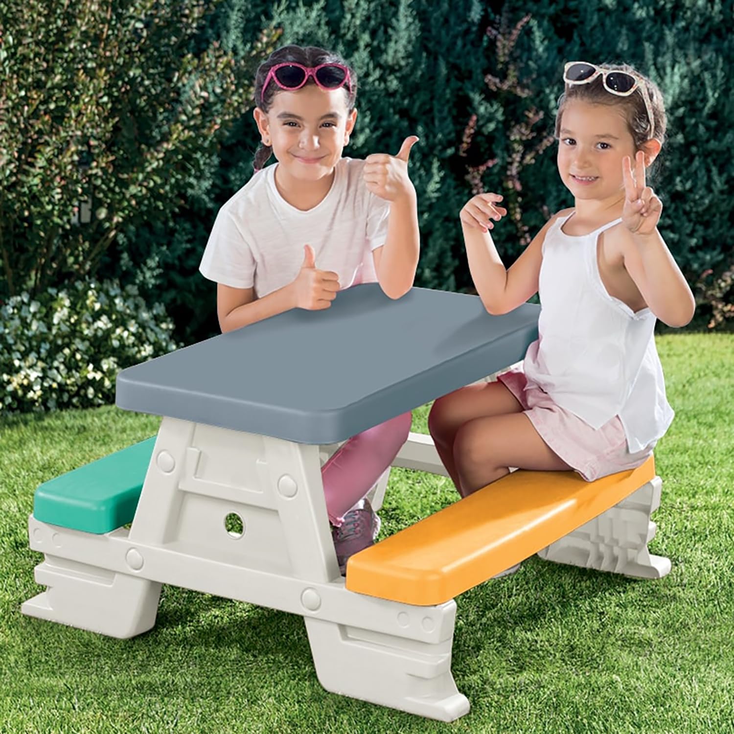 Picnic Table for 4: White, Green, Yellow - Indoor/Outdoor, Bench Seating