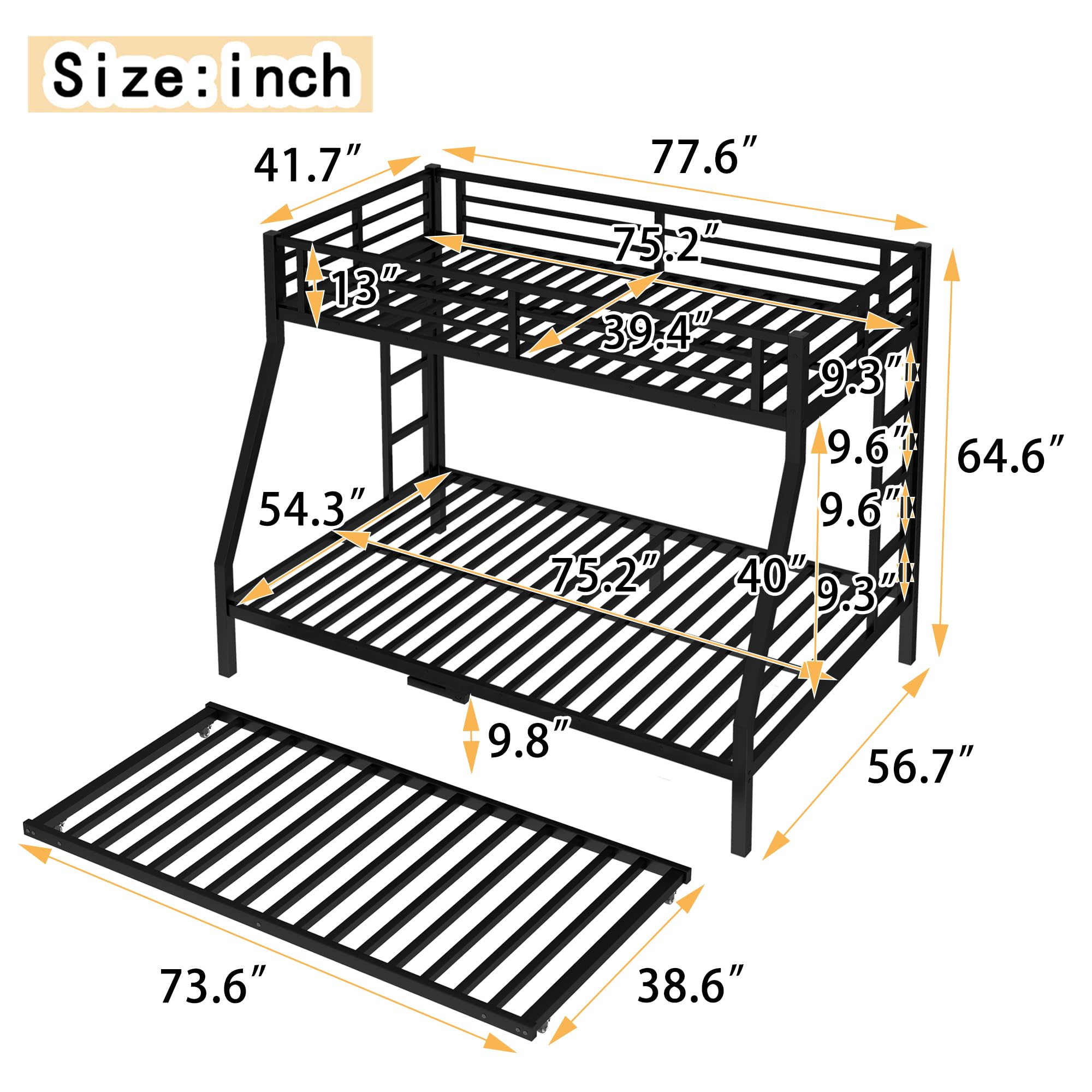 Metal Bunk Bed with Trundle