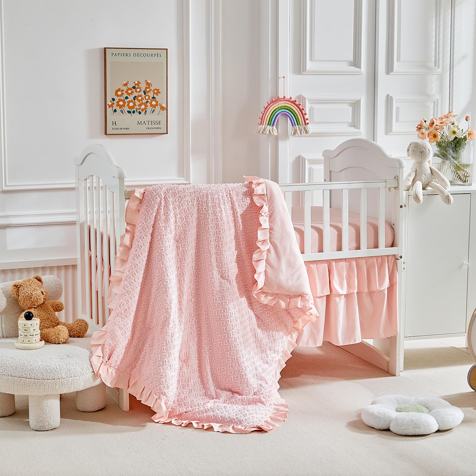 3 Pieces Tufted Crib Bedding Set with Ruffle Fringe, Pink Ruffled Comforter with Fitted Sheet and Bed Skirt, Soft and Embroidery Shabby Chic Boho Bohemian Jacquard Design for Baby Girls Boys