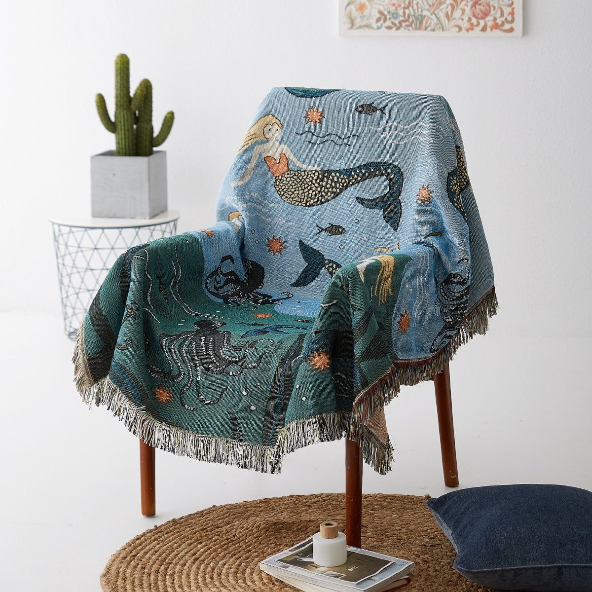 Mermaid Throw Blanket with Tassels for Couch Sofa Chair Cover Cotton Blended Green Blue