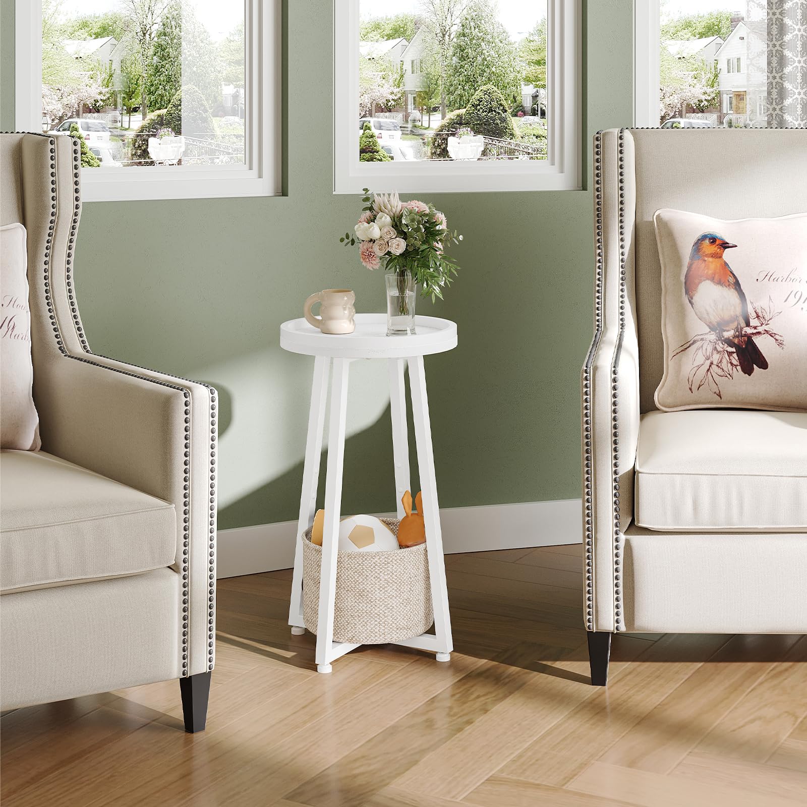 2-Tier Round Side Table with Storage Basket