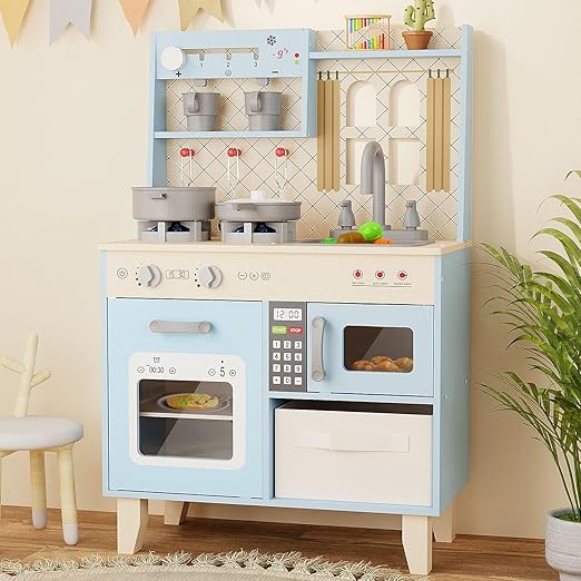 Play Kitchen with Realistic Lights & Sounds, Wooden Kitchen Playset Chef Pretend Play
