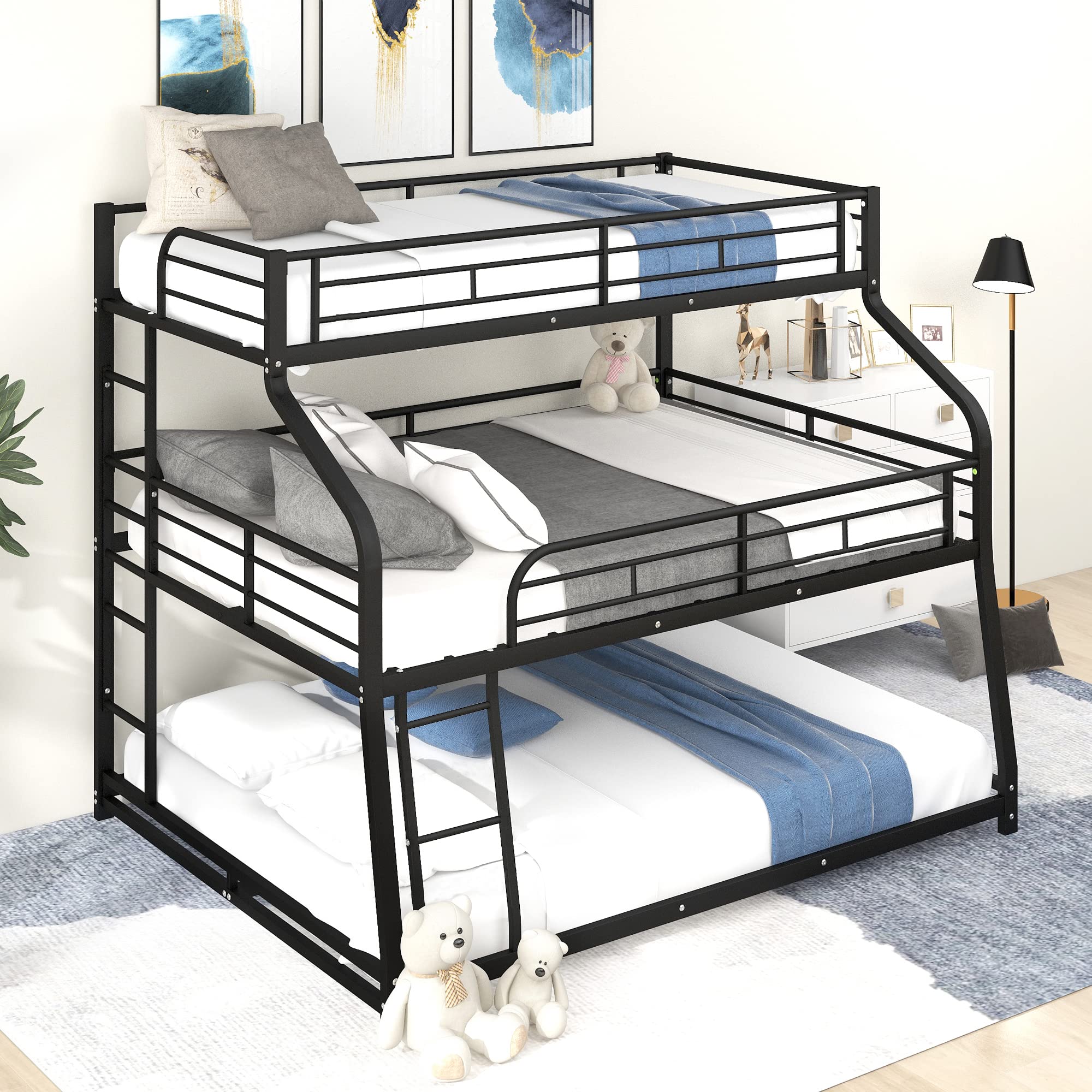 Metal Triple Bunk Bed with Guardrails and Ladder Black