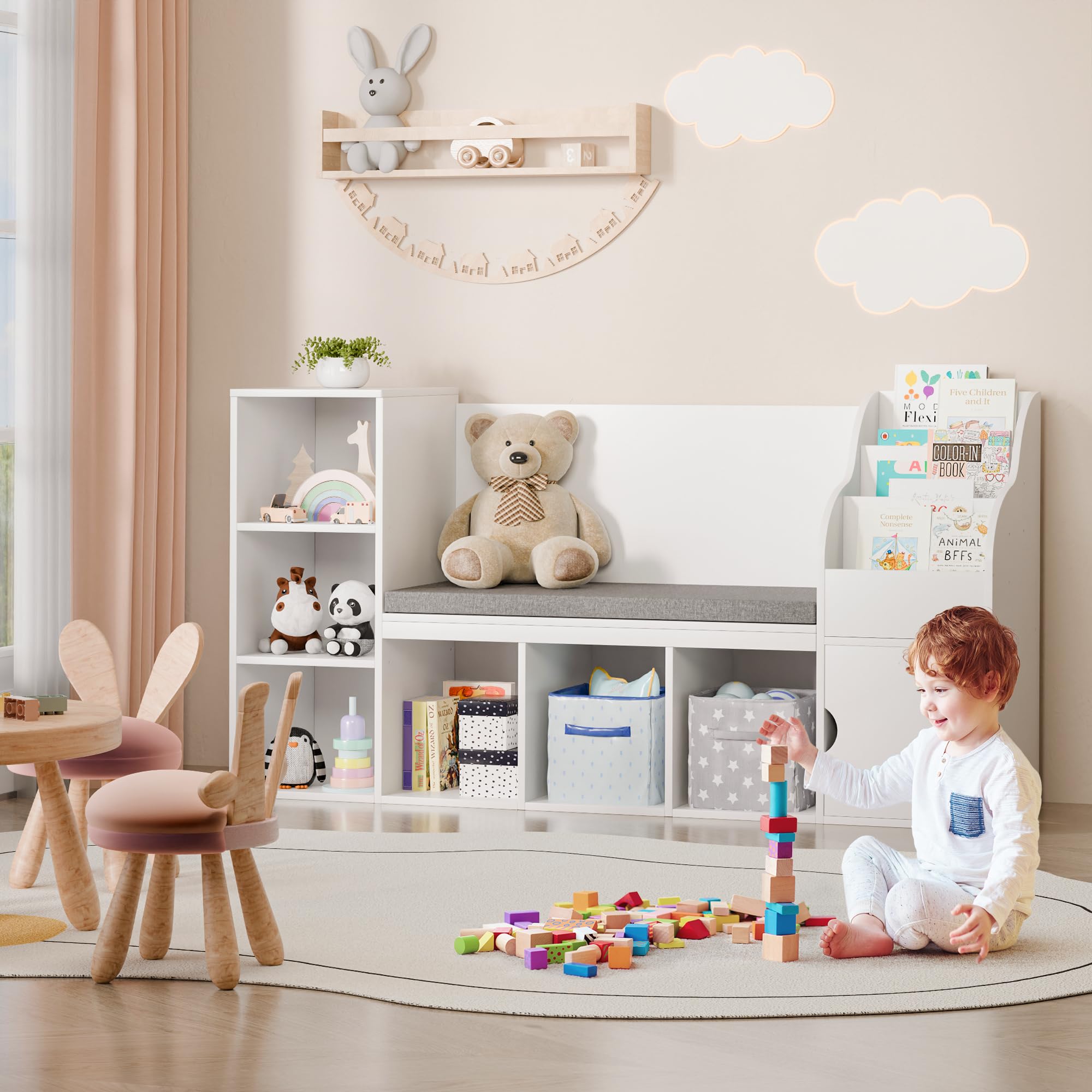 Kids Bookshelf with Reading Nook, Toddler Bookcase Bench with Seat