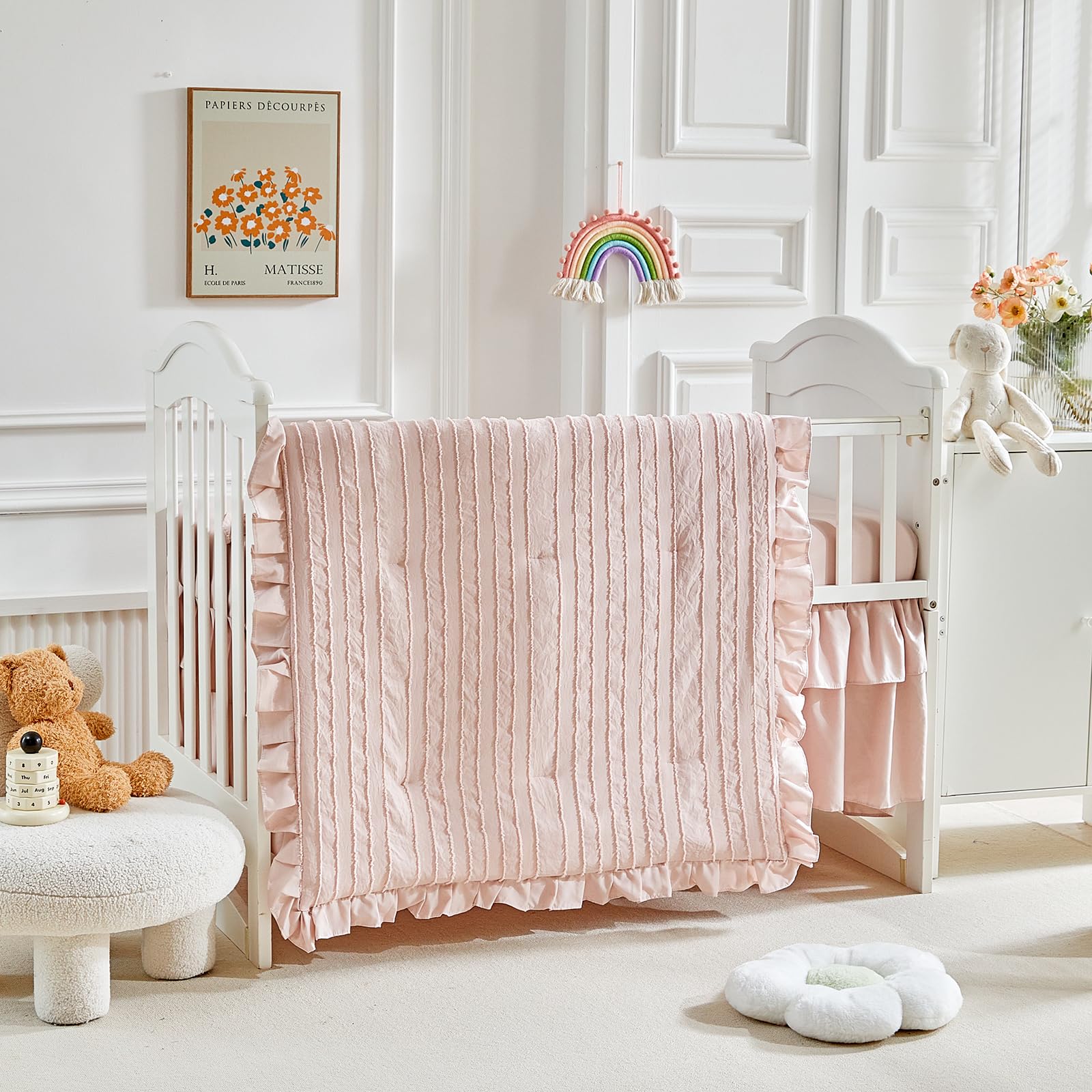 3 Pieces Tufted Stripes Crib Bedding Set with Ruffle Fringe