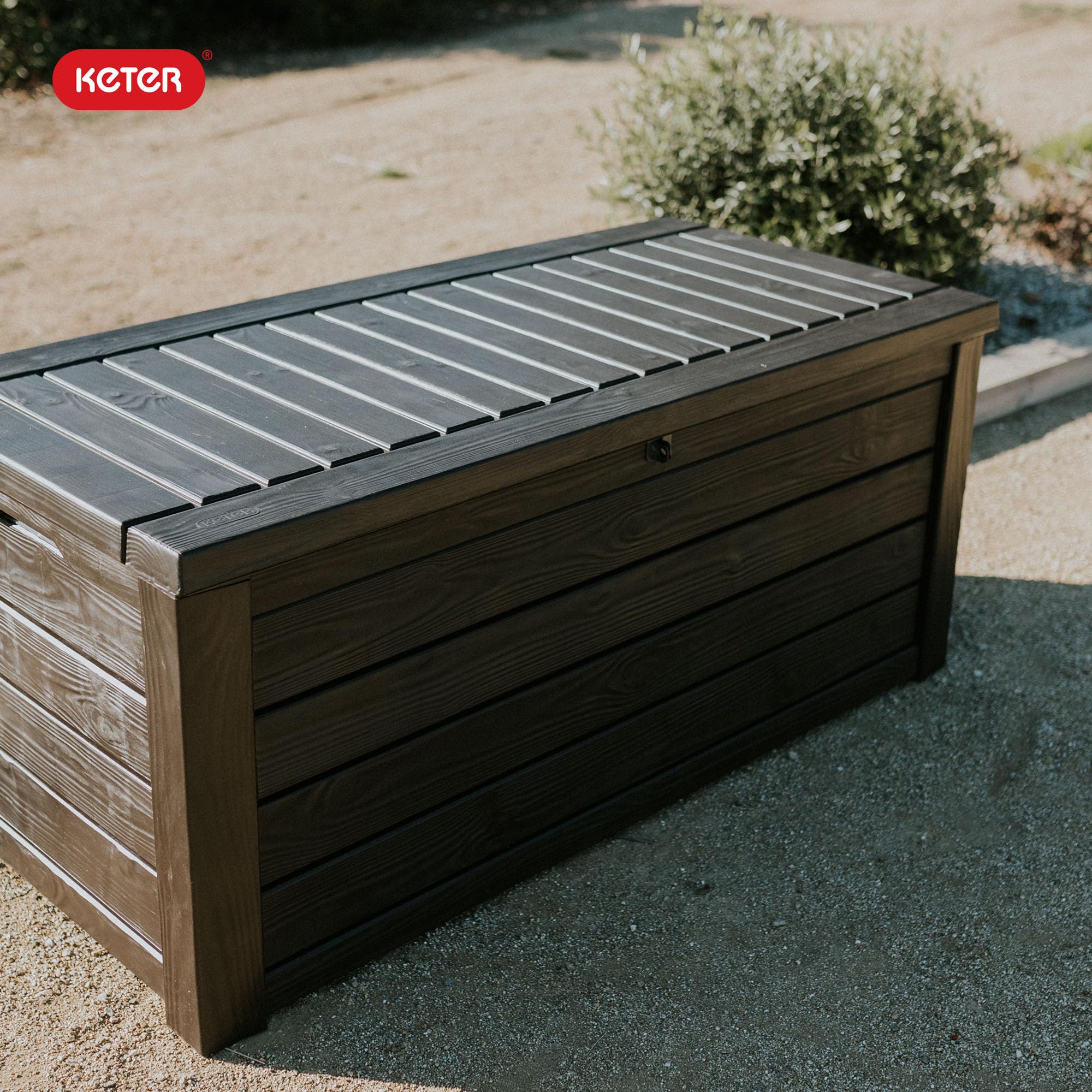 Outdoor Storage Deck Box, 150 Gallon Resin Patio Bin & Bench, Wood Grain, Brown