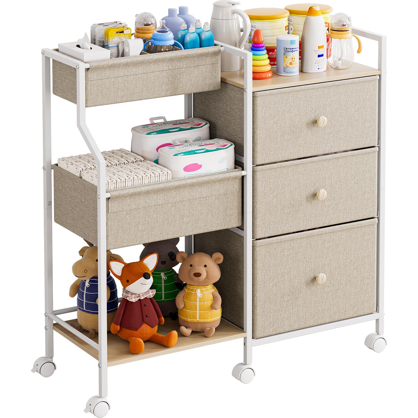 3-Tier Rolling Baby Storage Cart with Drawers and Dividers