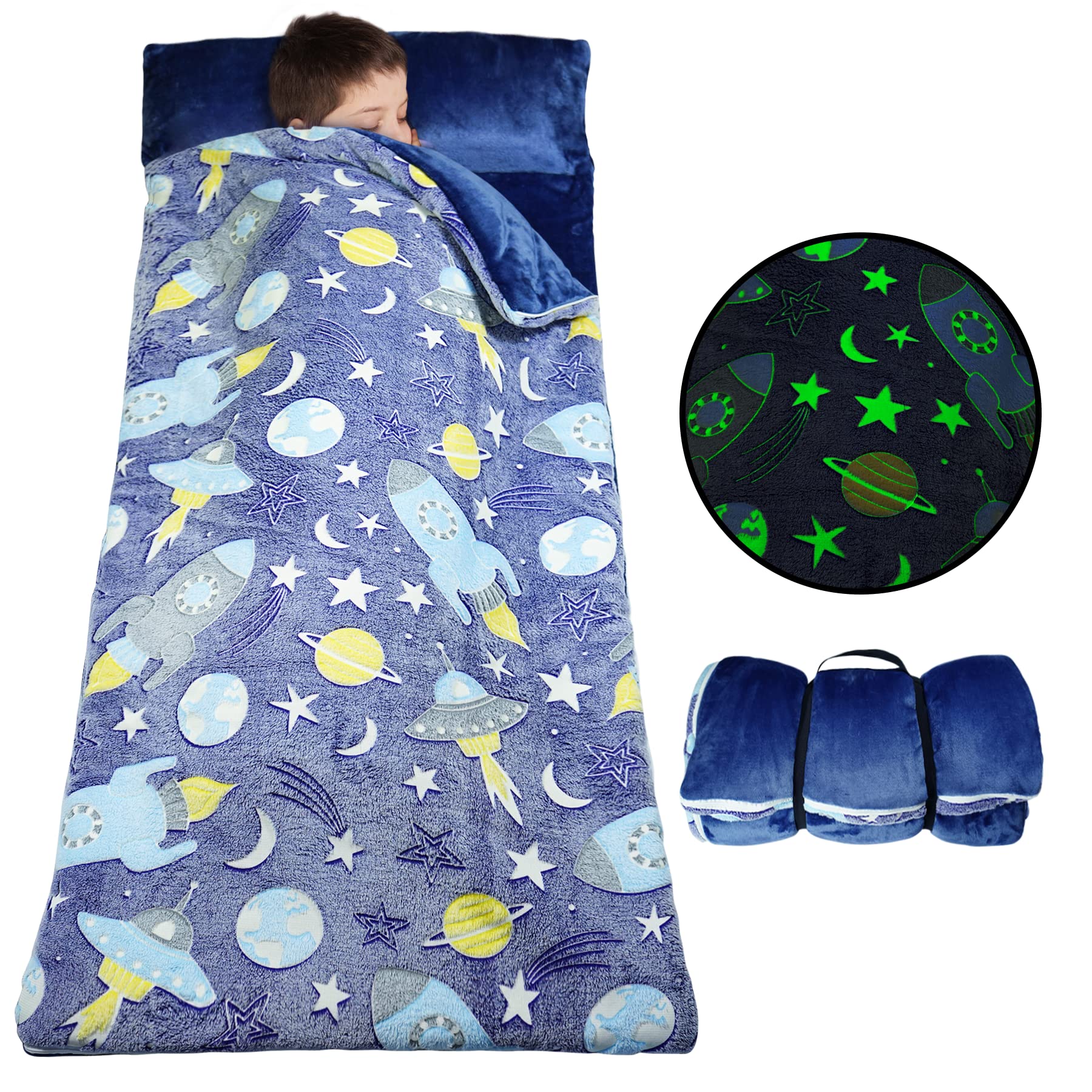 Glow in The Dark Slumber Bag for Kids, Toddler Nap Mat with Pillow
