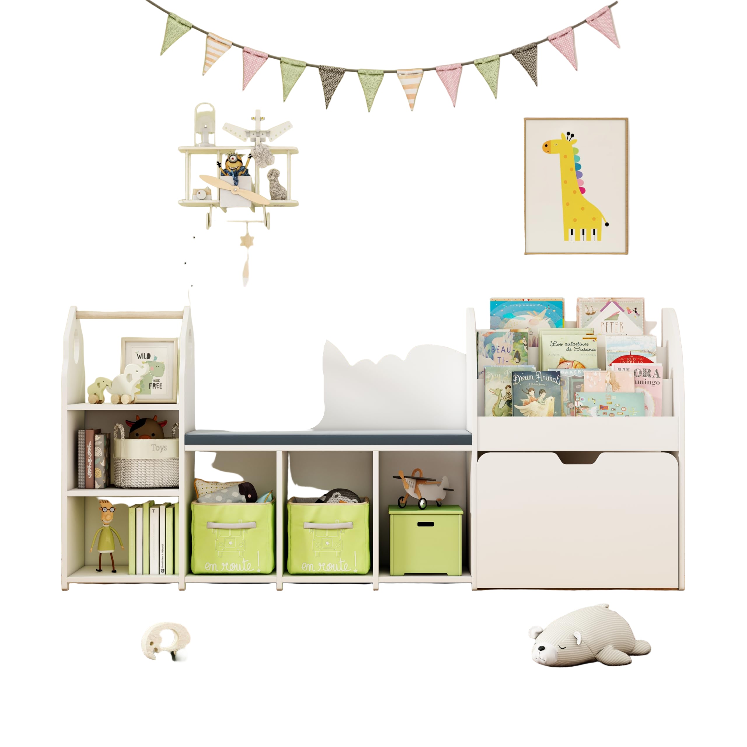 67" Kids Reading Nook with Bench, Toy Storage Organizer with Seat Cushion