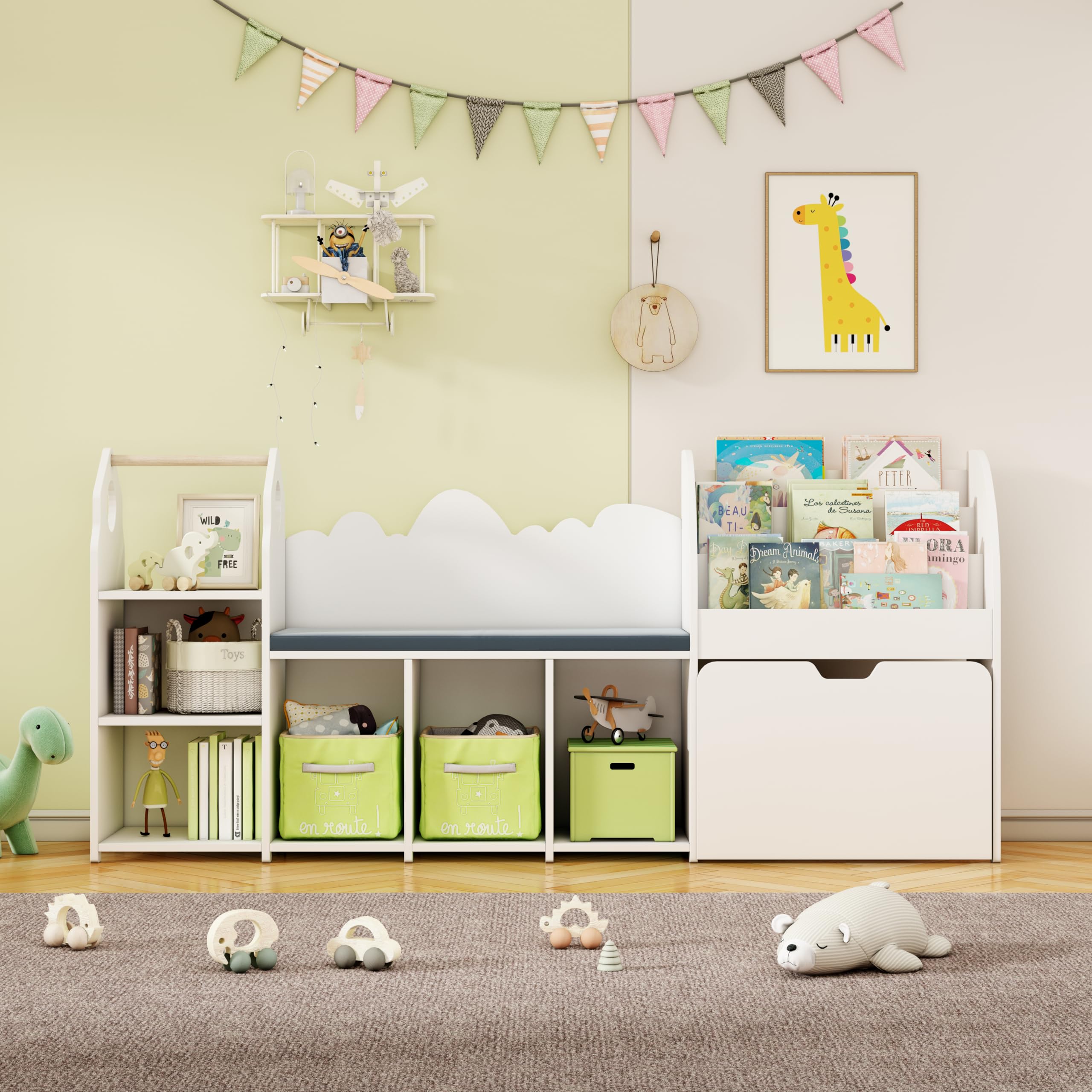 Kids Reading Nook with Storage Bench and Bookshelf