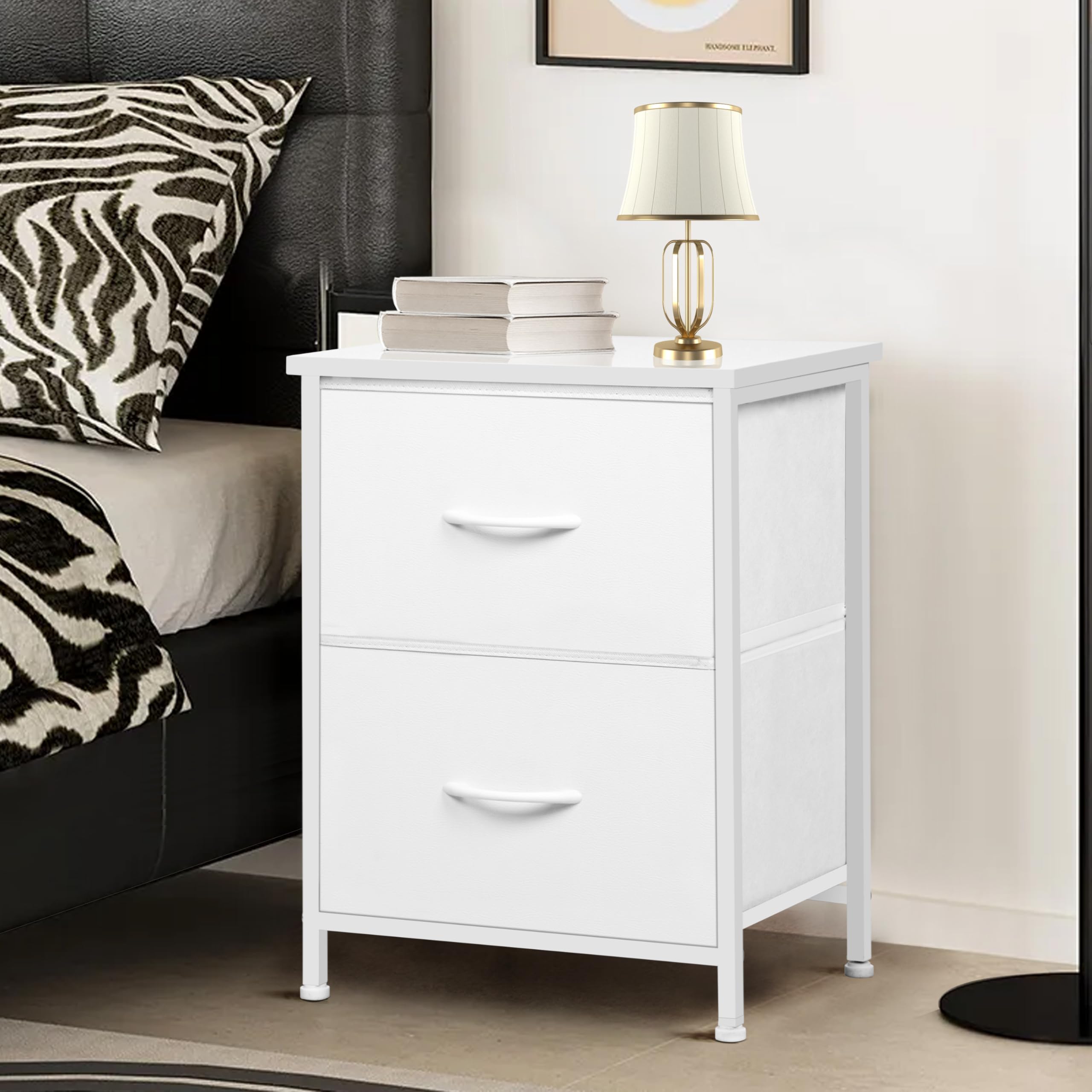 White Nightstand with 2 Fabric Drawers