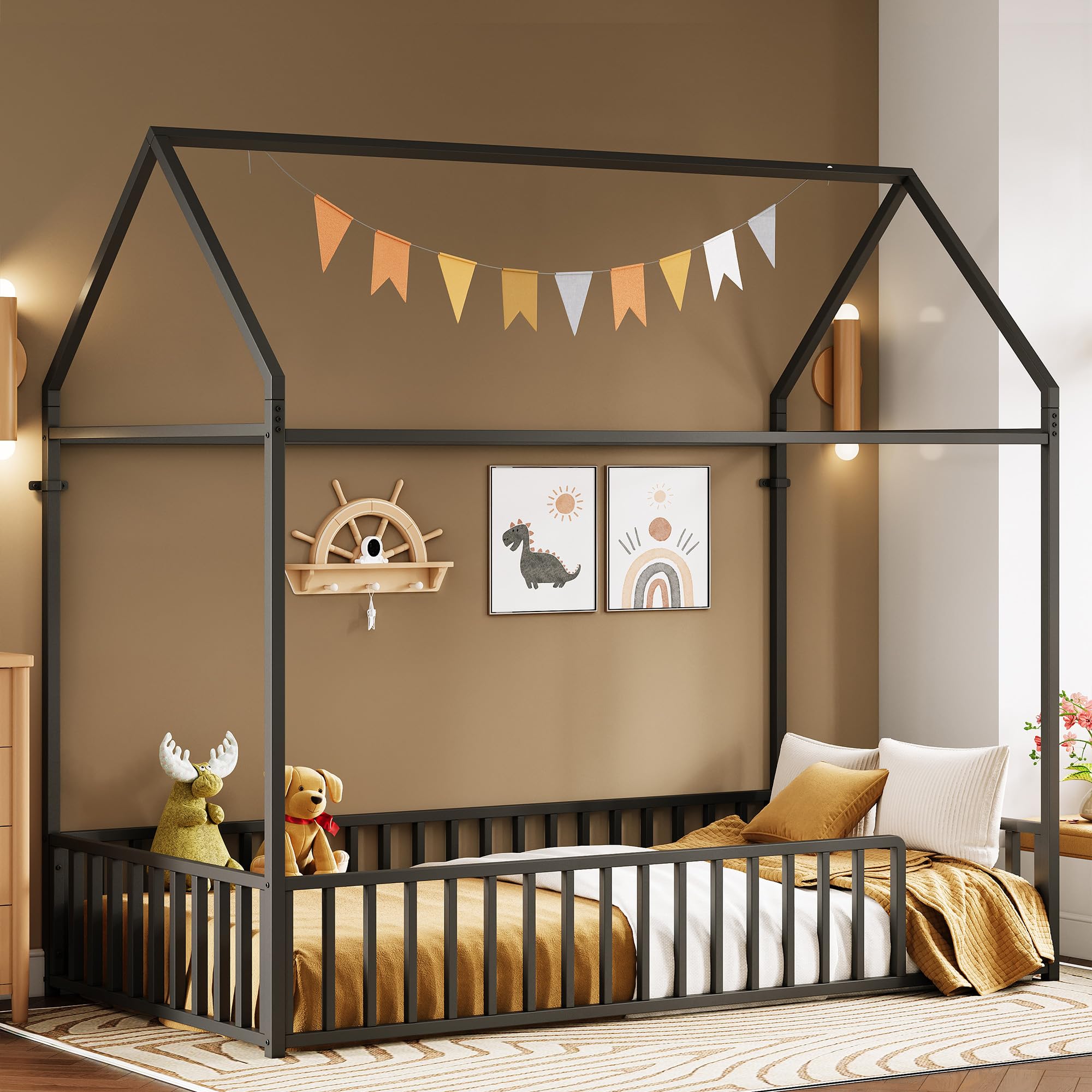 Twin Floor Bed Frame with Roof & Fence Guardrails Metal House Bed for Bedroom