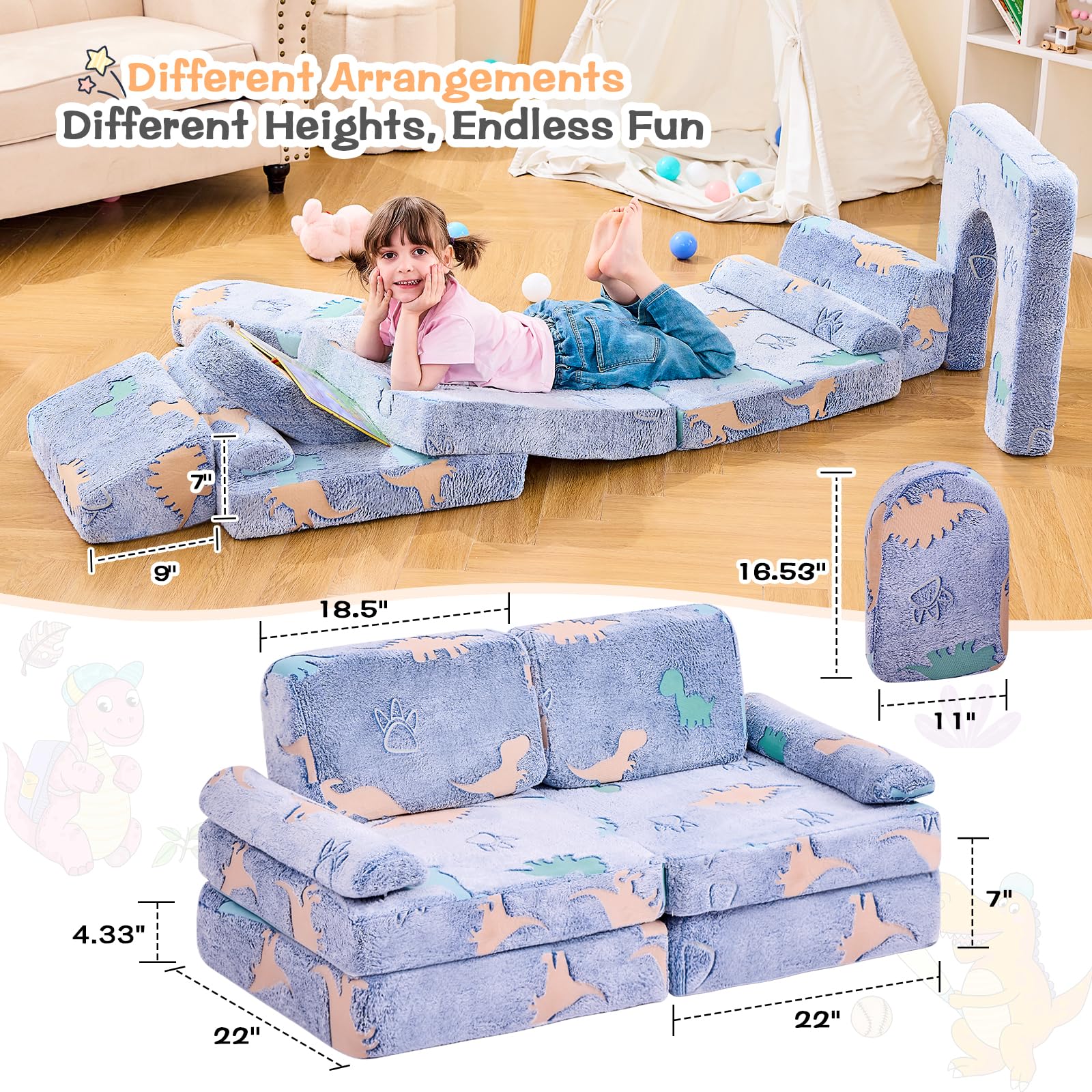 Modular Kids Play Couch with Glow-in-Dark Dinosaur Design