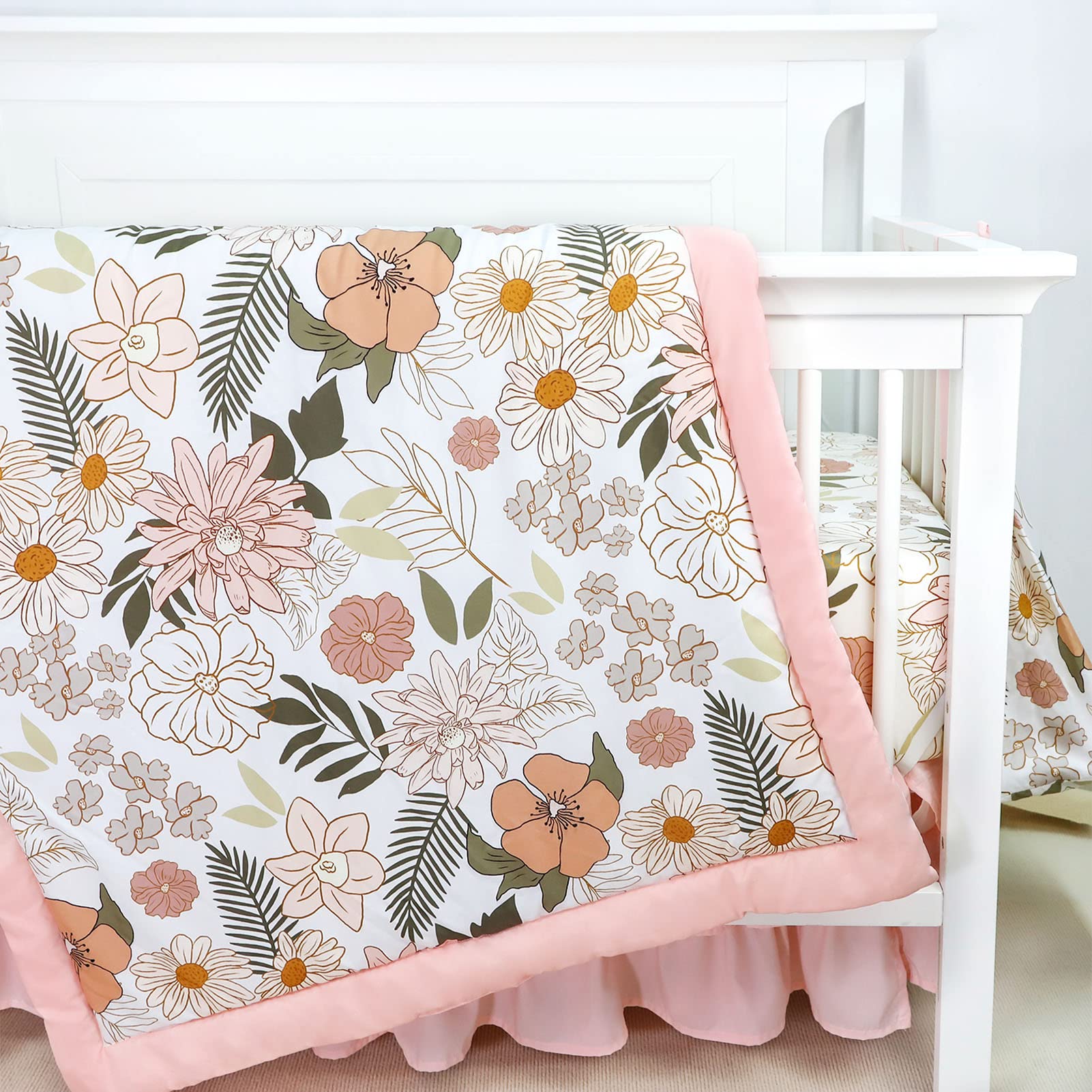 4-Piece Crib Bedding Set for Girls with Quilt, Sheet, Skirt and Diaper Stacker