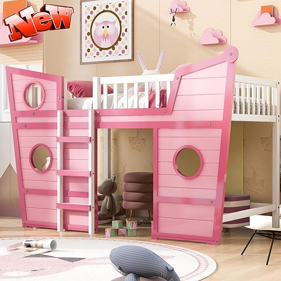 Upgraded Version Full Size Low Loft Bed for Kids