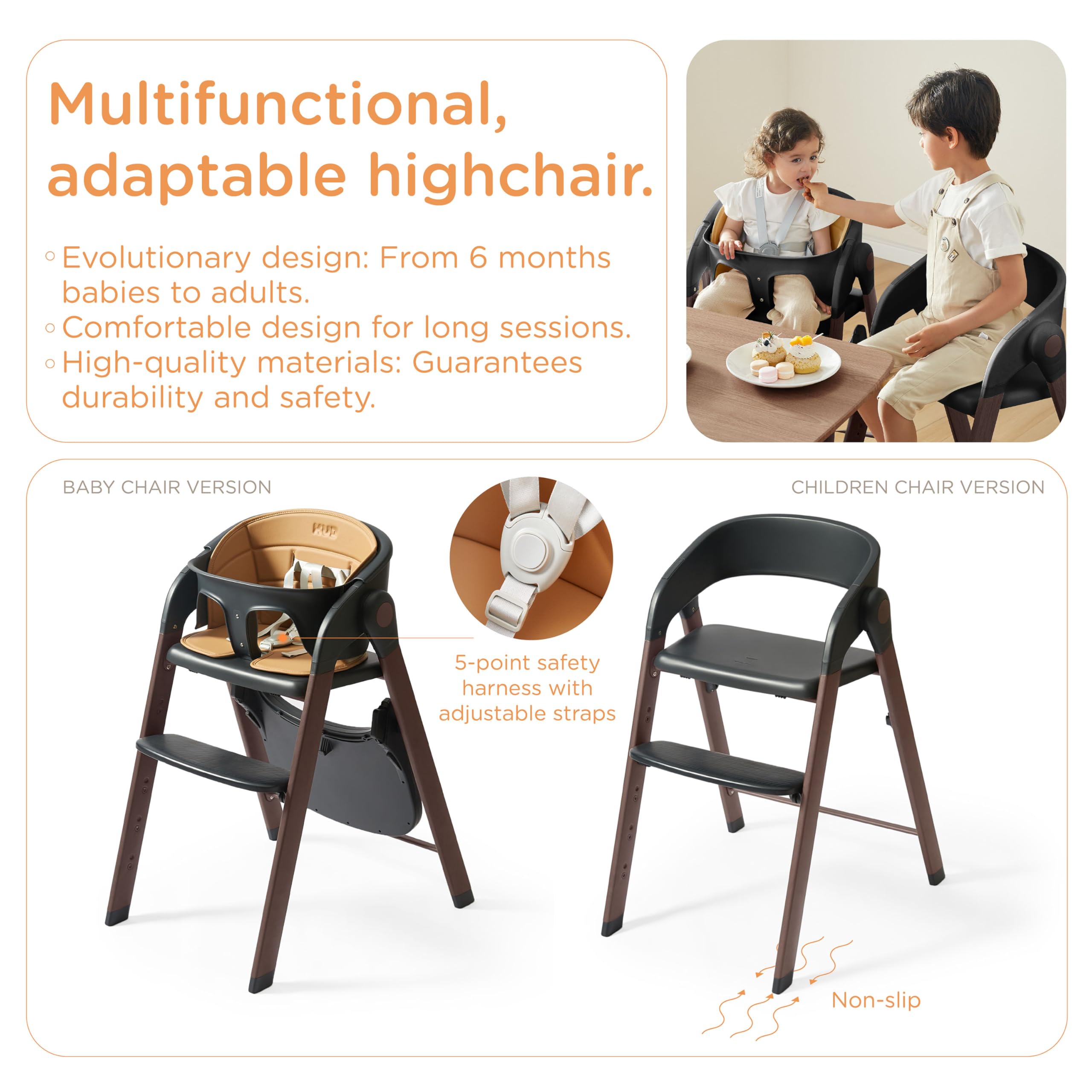 Adjustable Foldable High Chair with Wood-Printed Metal Frame and Removable Tray