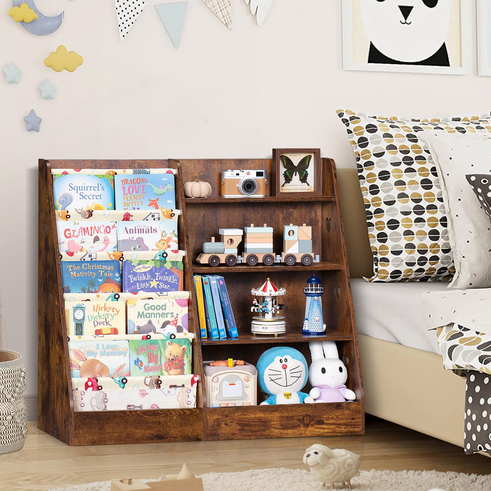 Tier Kids Bookshelf and Storage Organizer, Five Layer Sling Children Bookcase