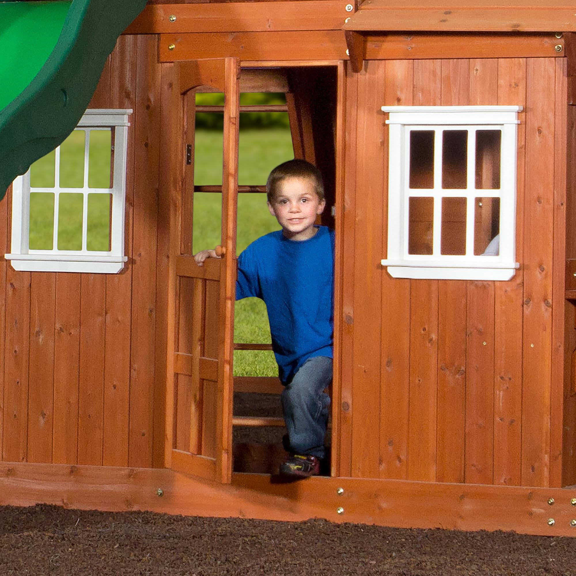 Cedar Wood Swing Set with Clubhouse and Wave Slide