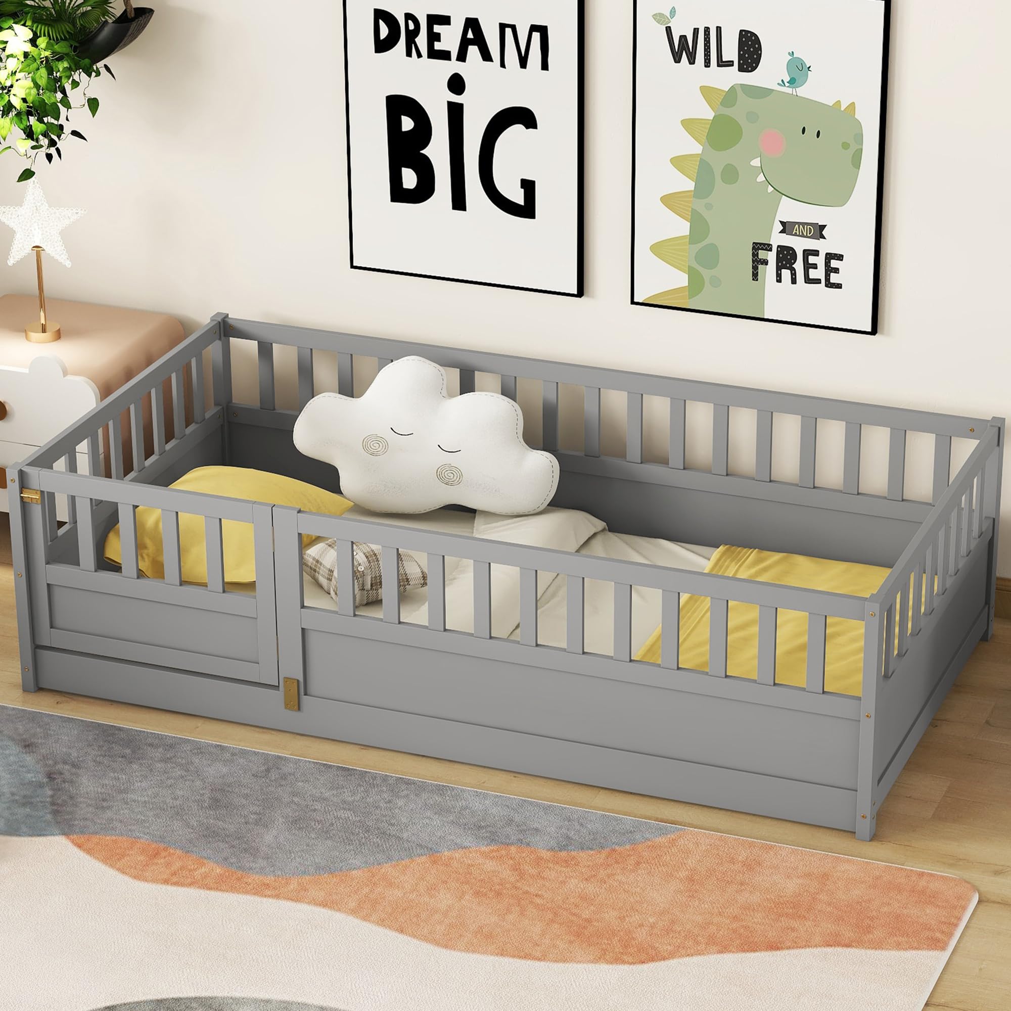 Twin Size Floor Bed with High Fence and Door