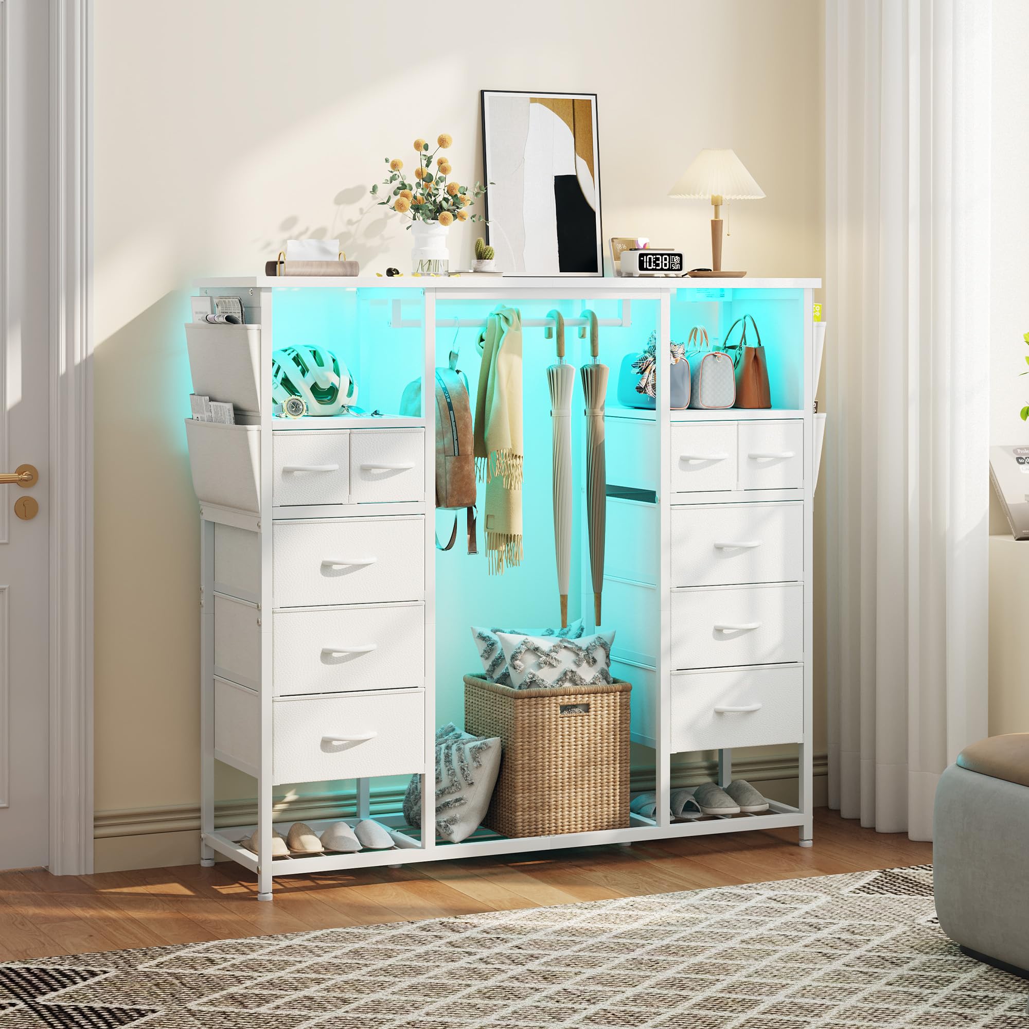 Tall Dresser with LED Lights and Charging Station
