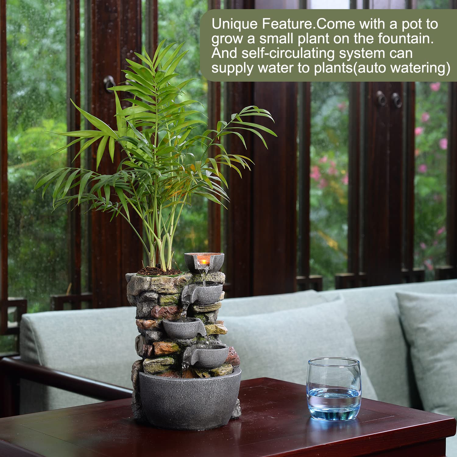Indoor Tabletop Fountain with LED Lights and Plant Pot