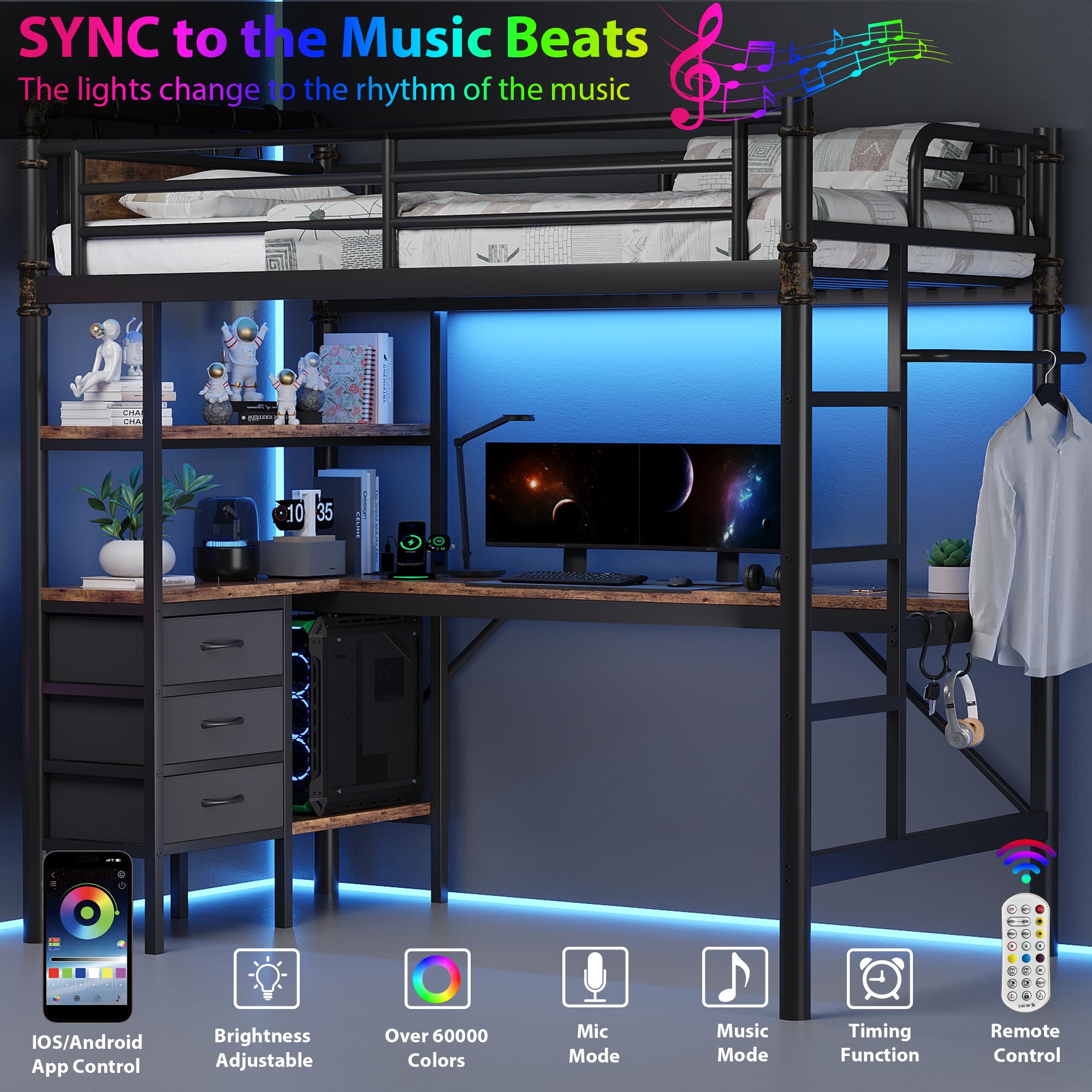 Twin Loft Bed with L-Shaped Desk and LED Lights