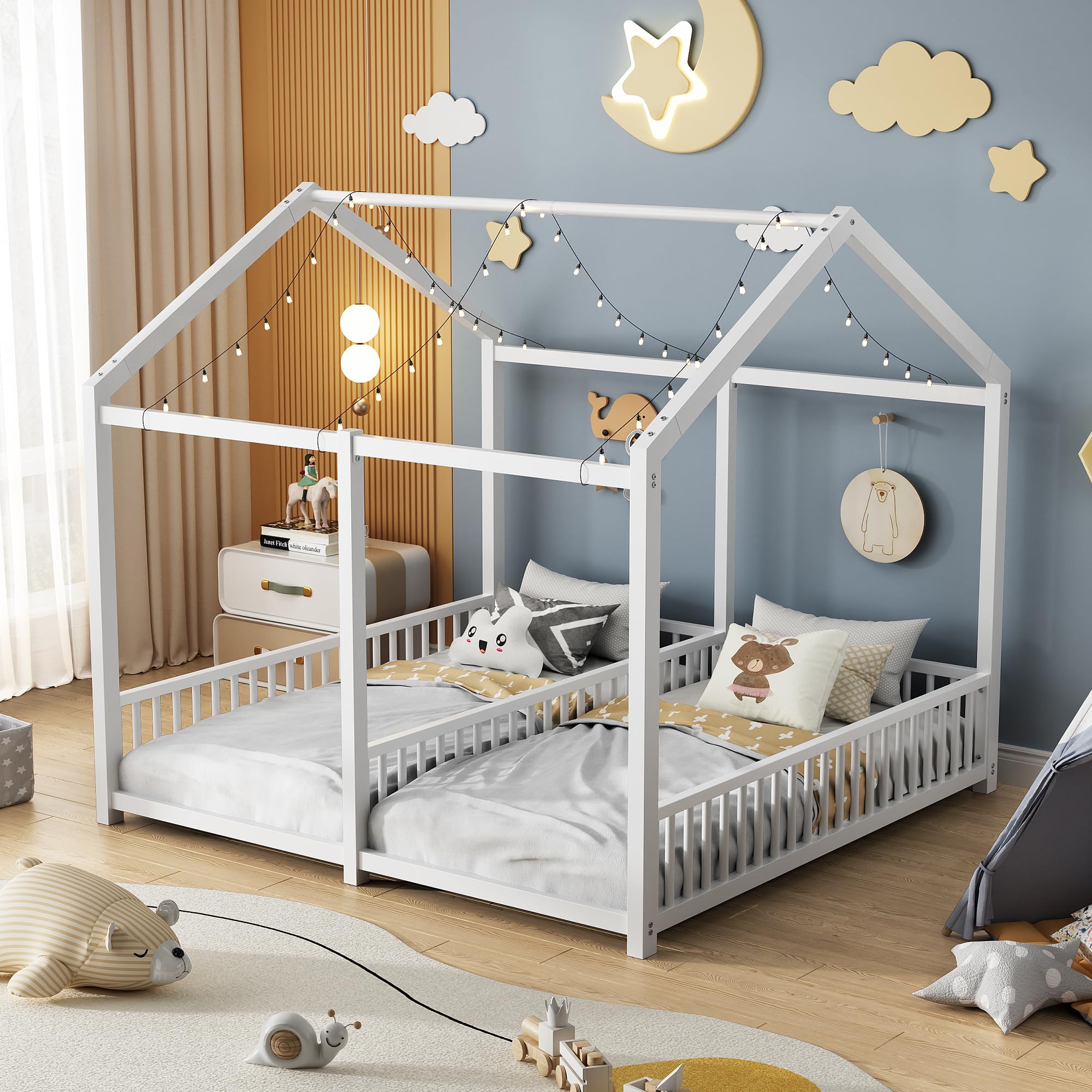Double Twin House Floor Bed with Fence and Roof