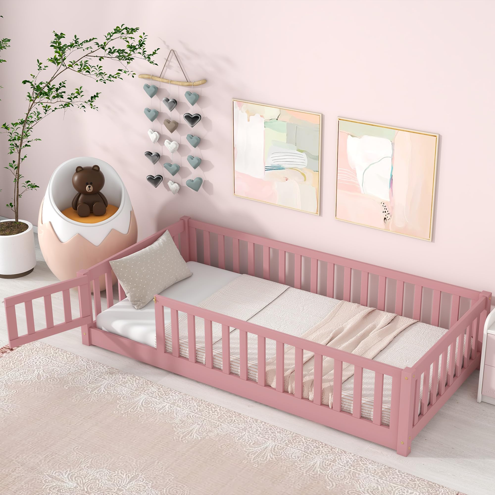 Montessori Floor Bed Twin with Fence and Door