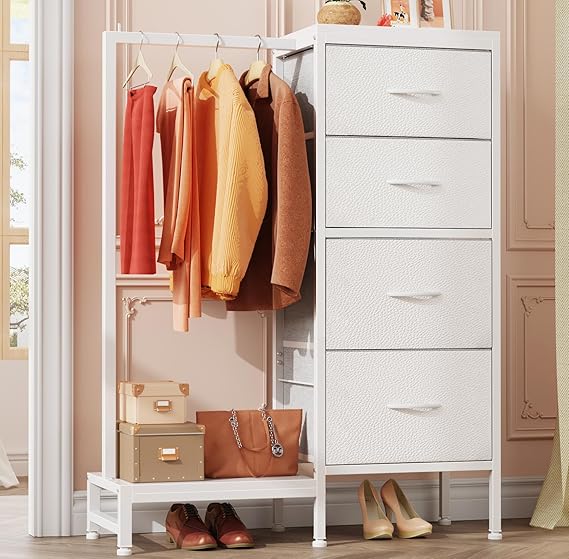 Dresser with Hanging Rack, 4 Drawers Small Closet for Bedroom