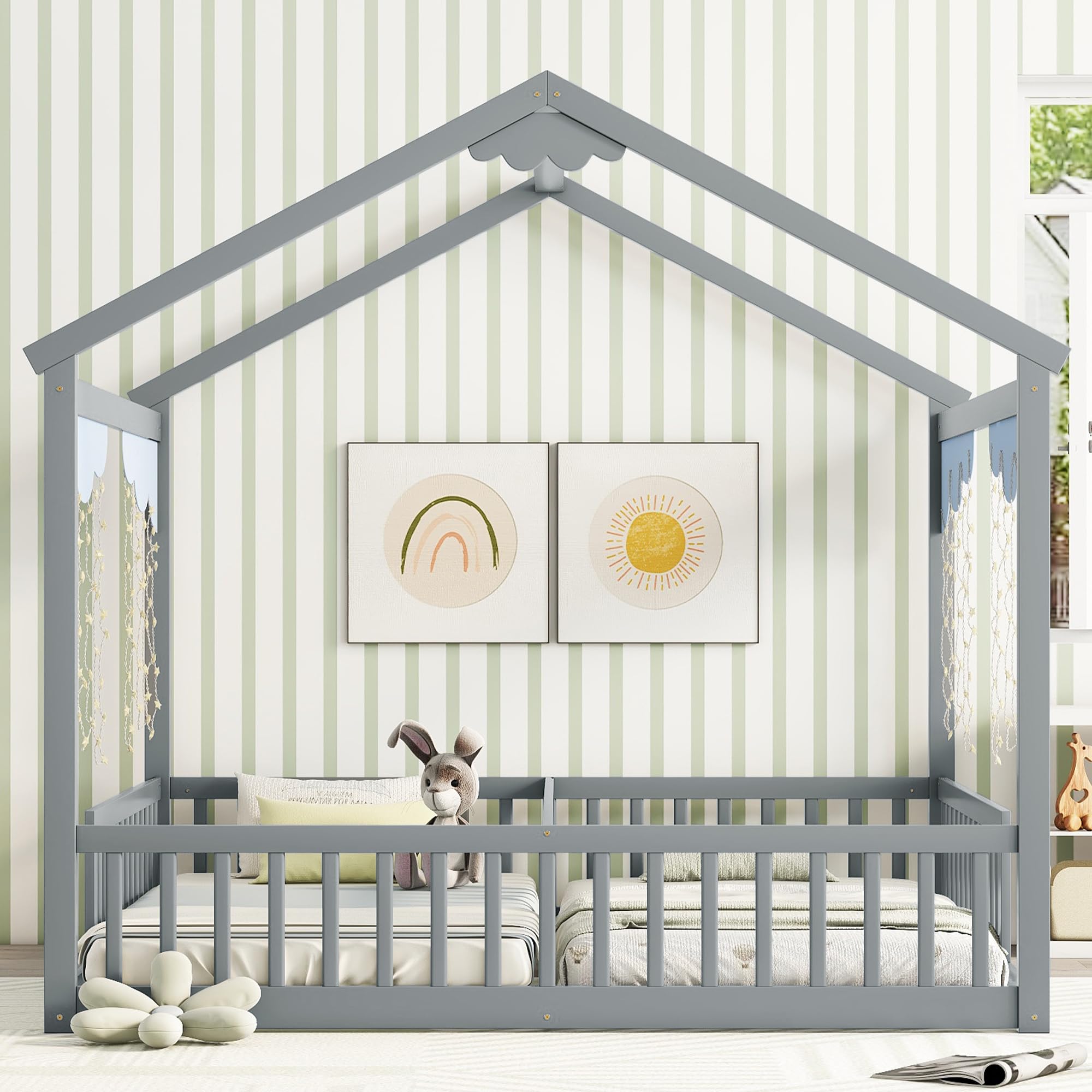 Double Twin Montessori Floor Bed Frame with Roof & Rails