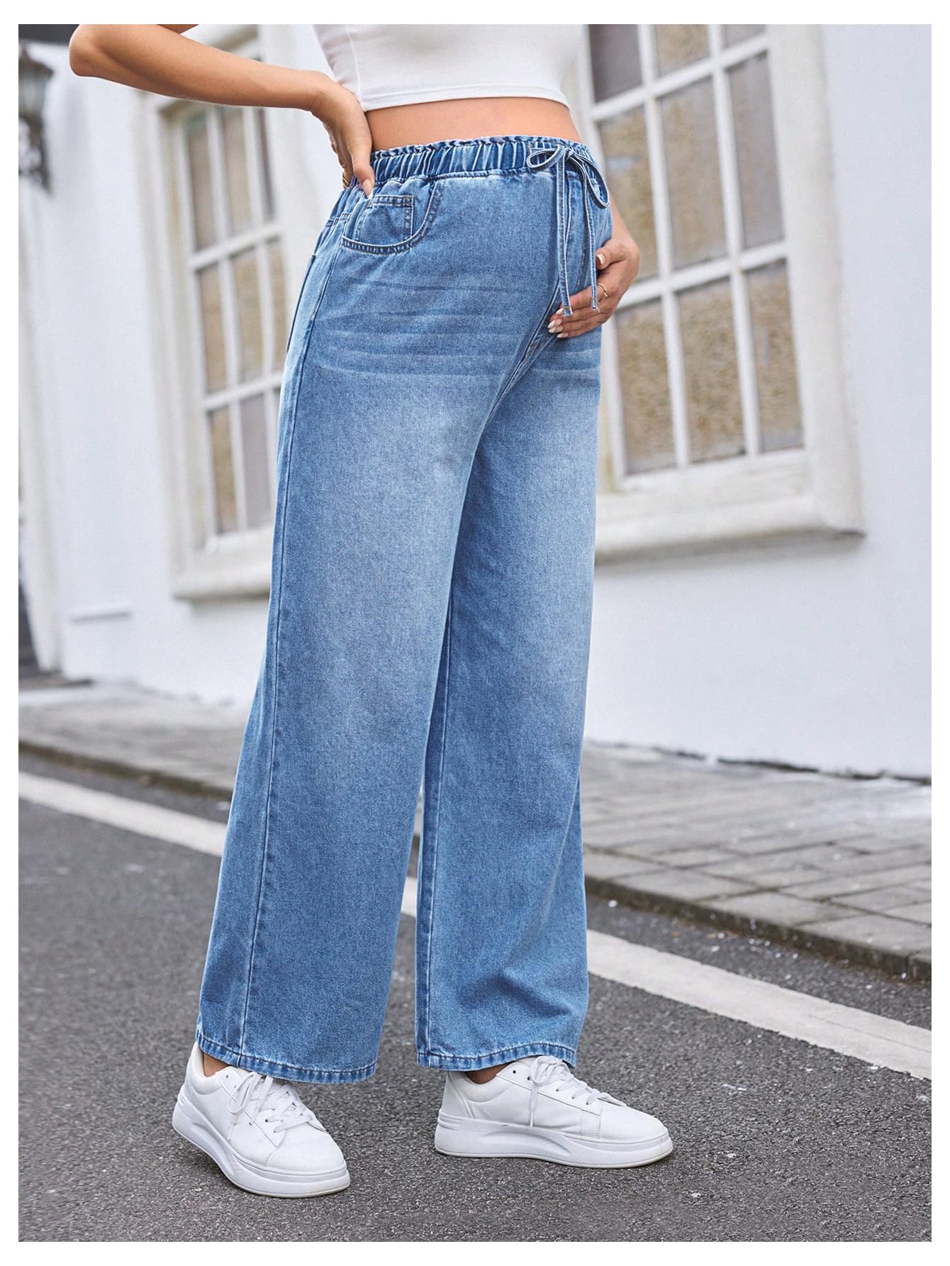Women's Maternity Denim Pants Elastic Waist Drawstring Wide Leg Baggy