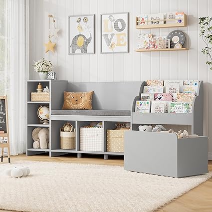 67" Kids Reading Nook with Bench, Kids Bookshelf and Bookcase s, Toy Storage Box on Wheels, Toy Chest for Playroom, Bedroom, School, White