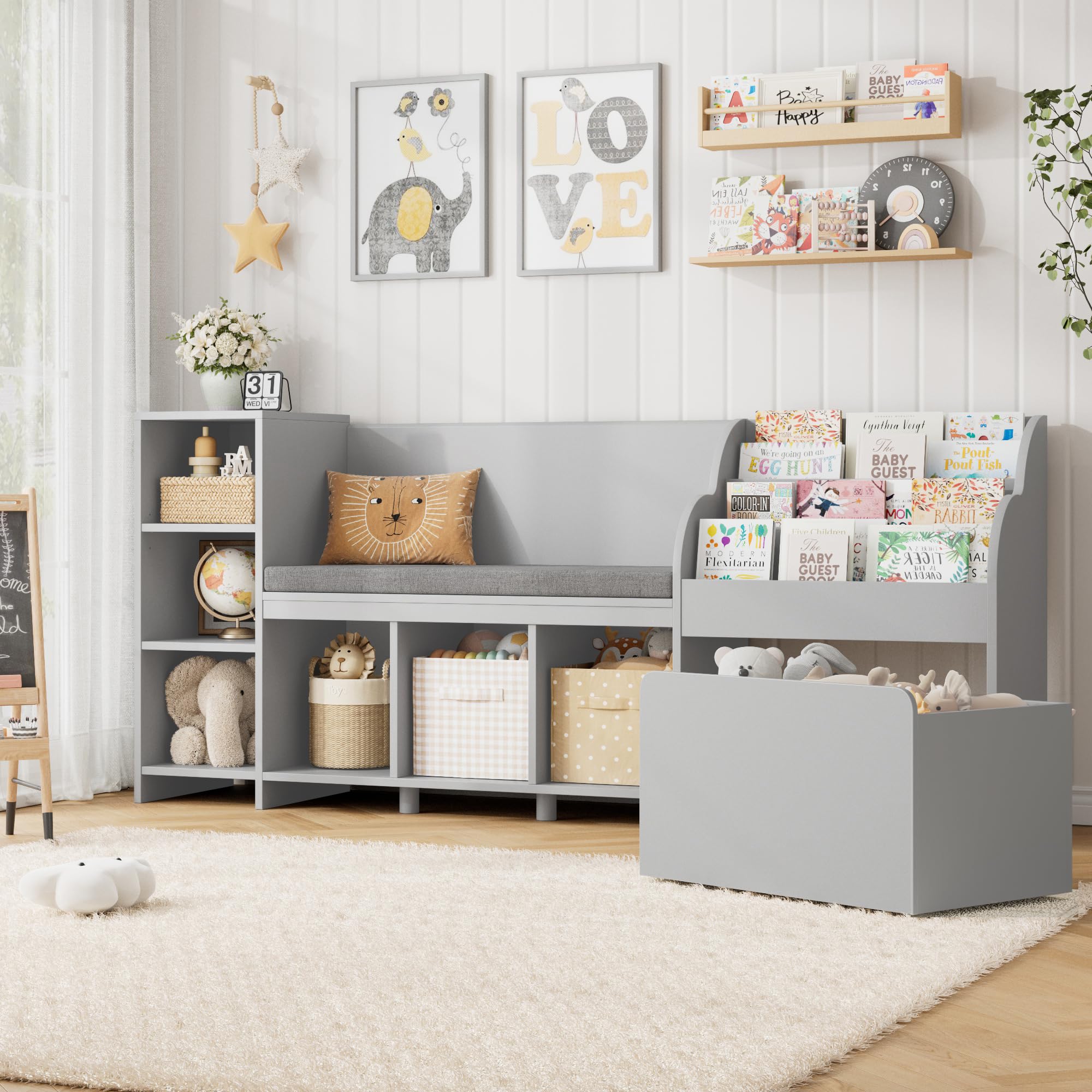 67" Kids Reading Nook with Bench, Kids Bookshelf and Bookcase