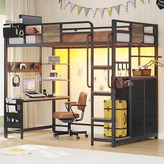 Twin Size Loft Bed with Desk and 6 Storage Drawers